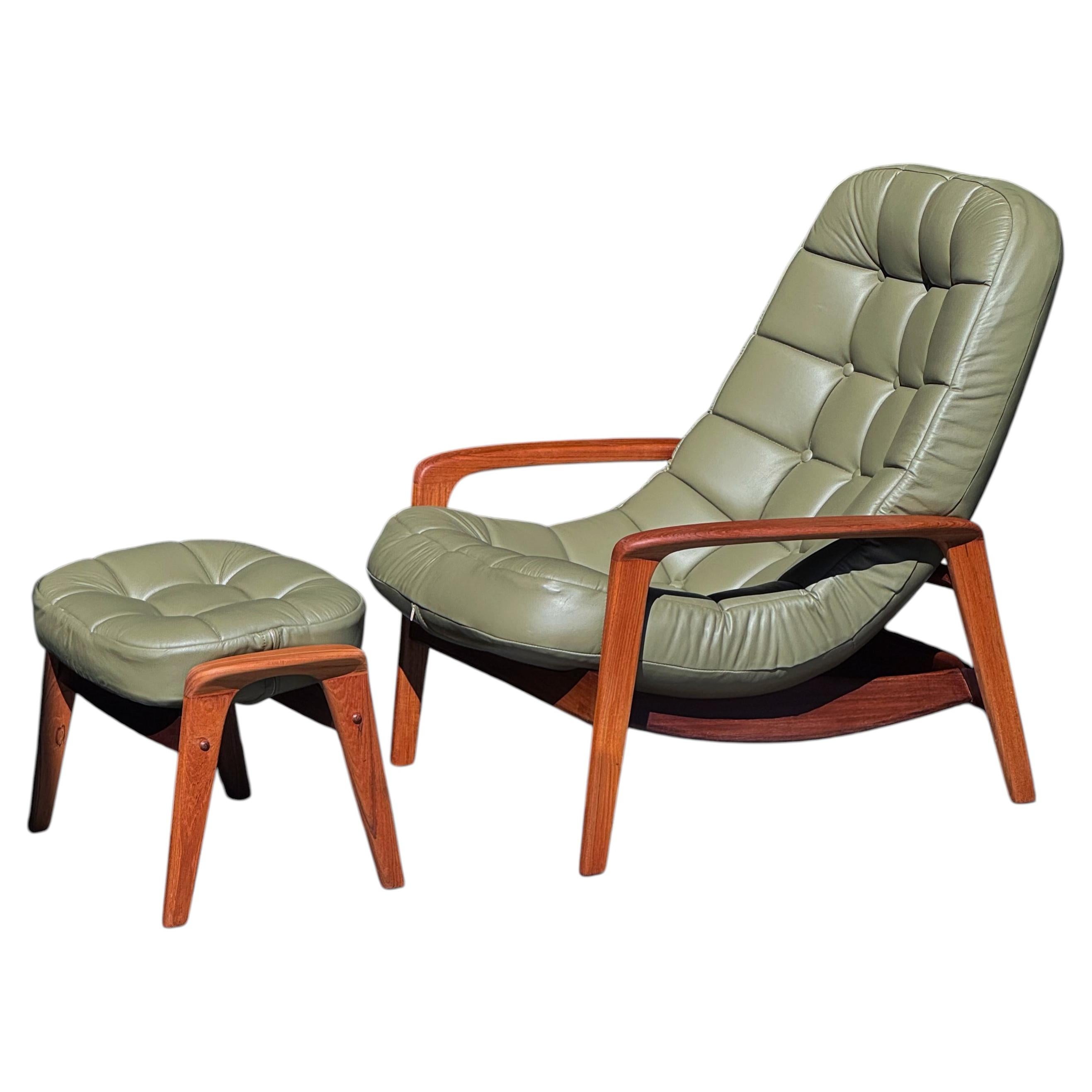 1960s Scoop Chair and Ottoman by R Huber in teak and green leather