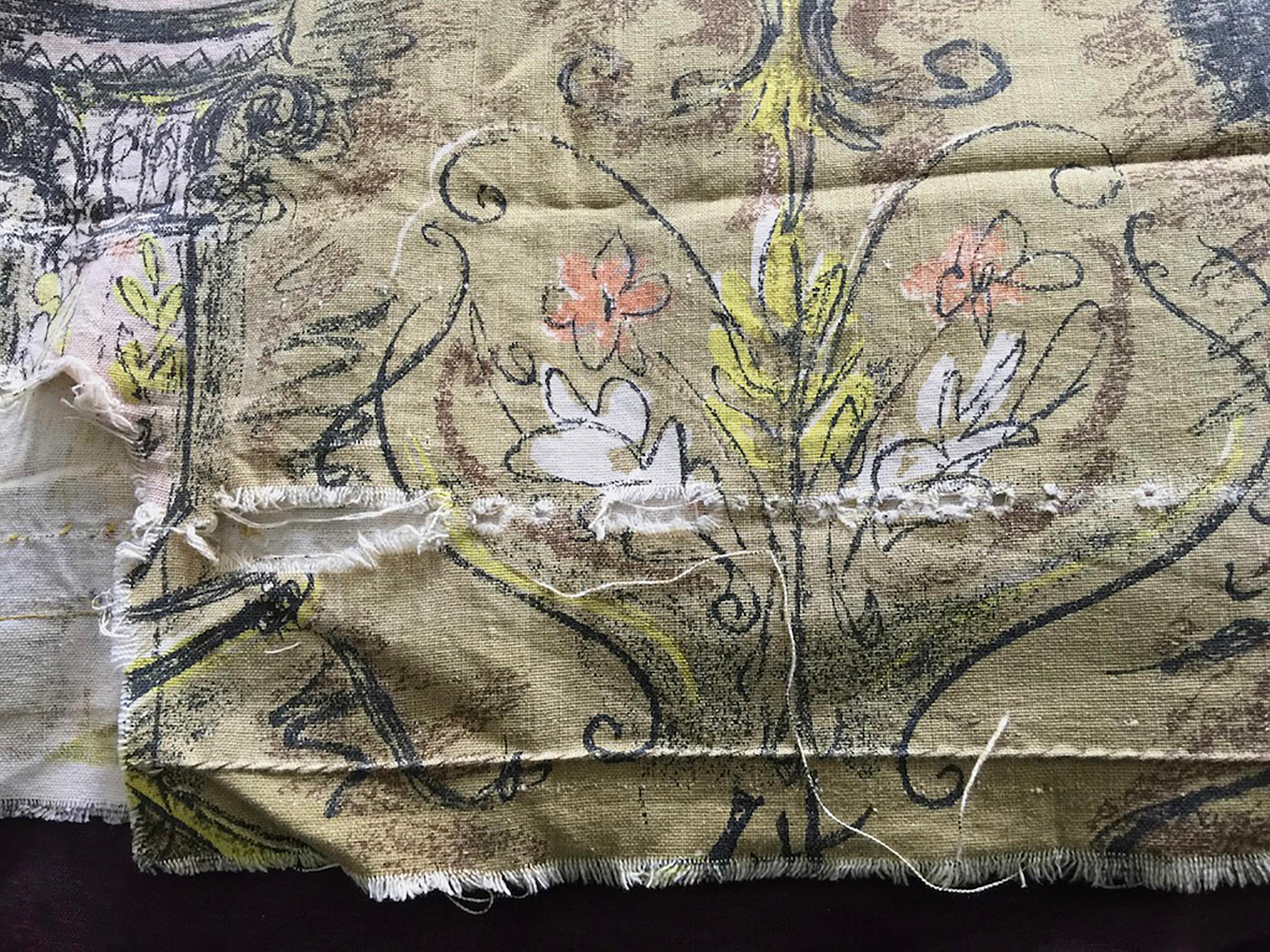 1960s Screen Printed Cotton Fabric Panel Printed by David Whitehead in England In Distressed Condition For Sale In Tarbert, Argyll and Bute