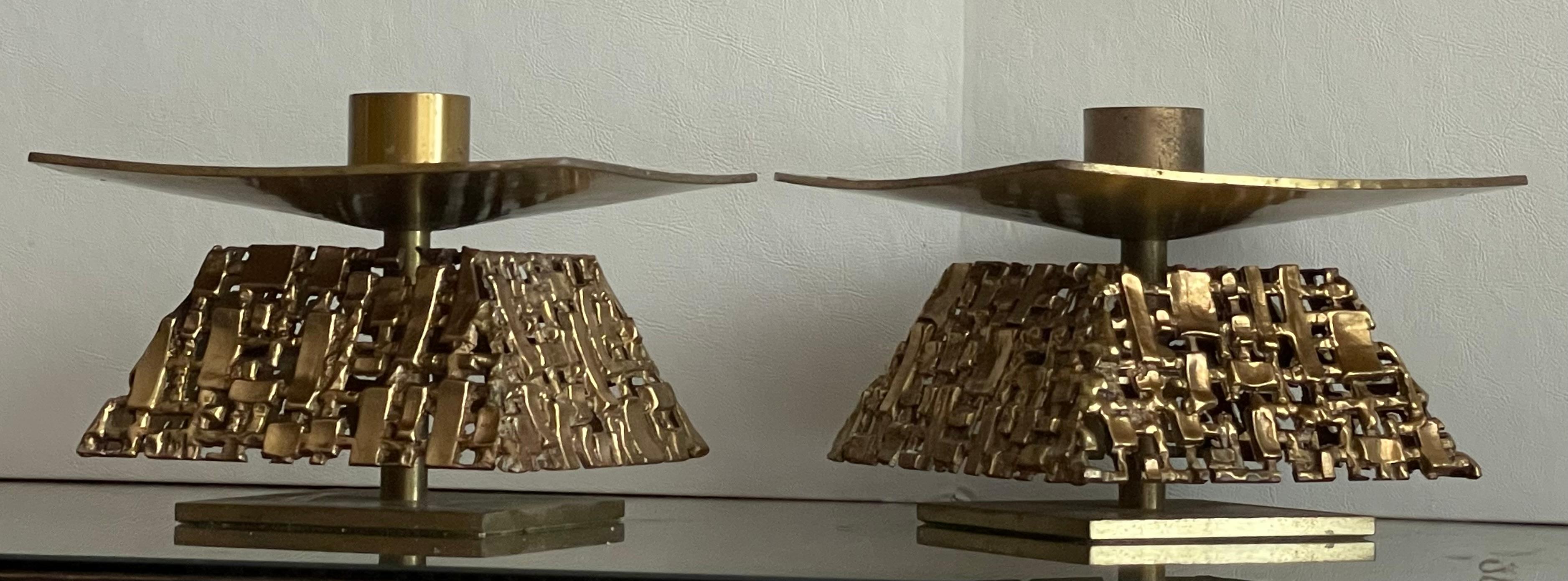Mid-Century Modern 1960s Sculpted Brass Oversized Brutalist Candle Holders  For Sale