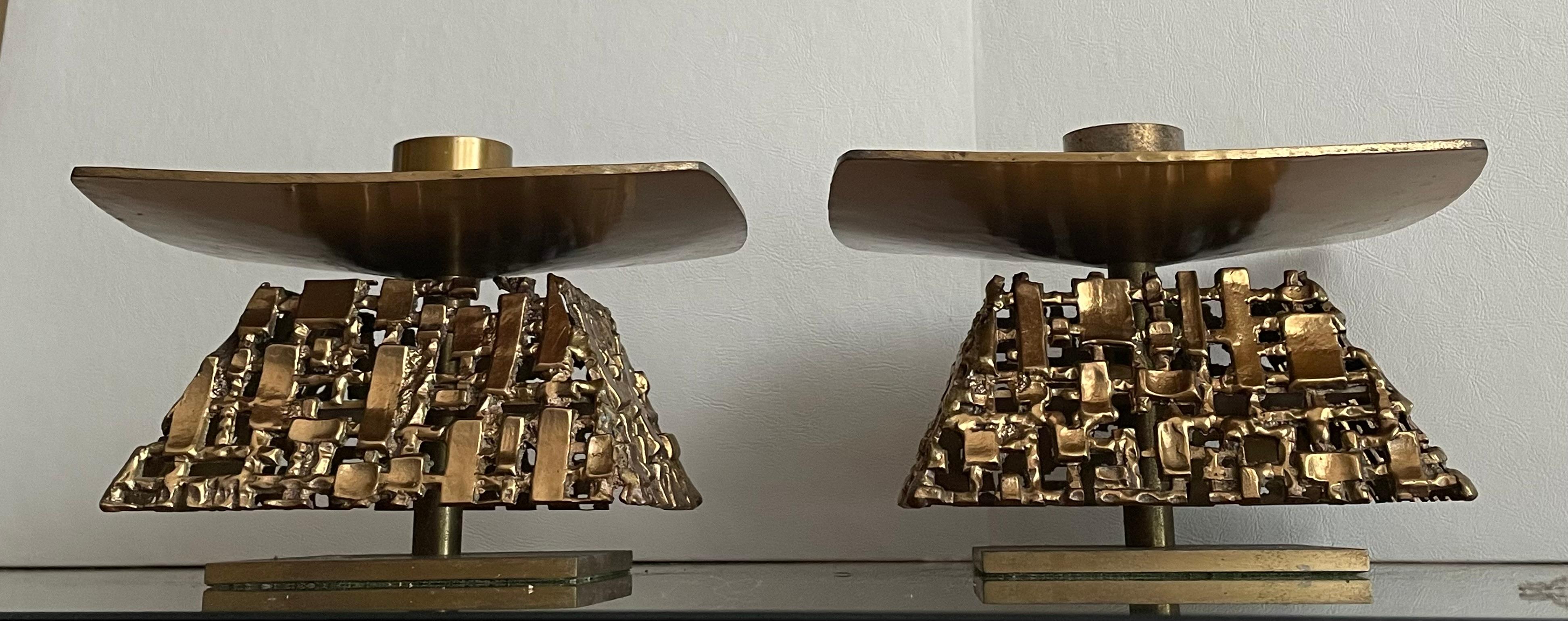 1960s Sculpted Brass Oversized Brutalist Candle Holders  In Good Condition For Sale In Bensalem, PA