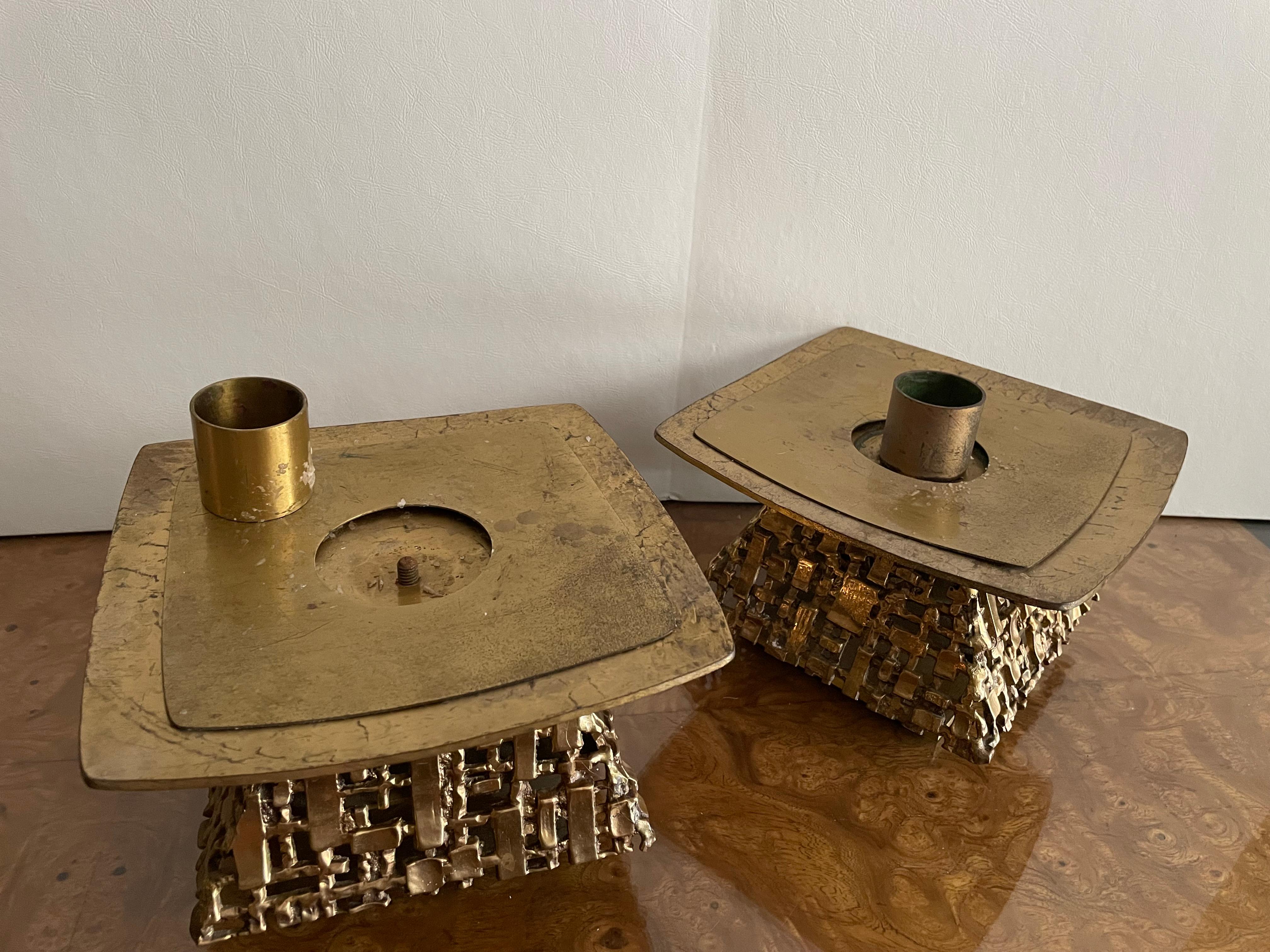 Mid-20th Century 1960s Sculpted Brass Oversized Brutalist Candle Holders  For Sale