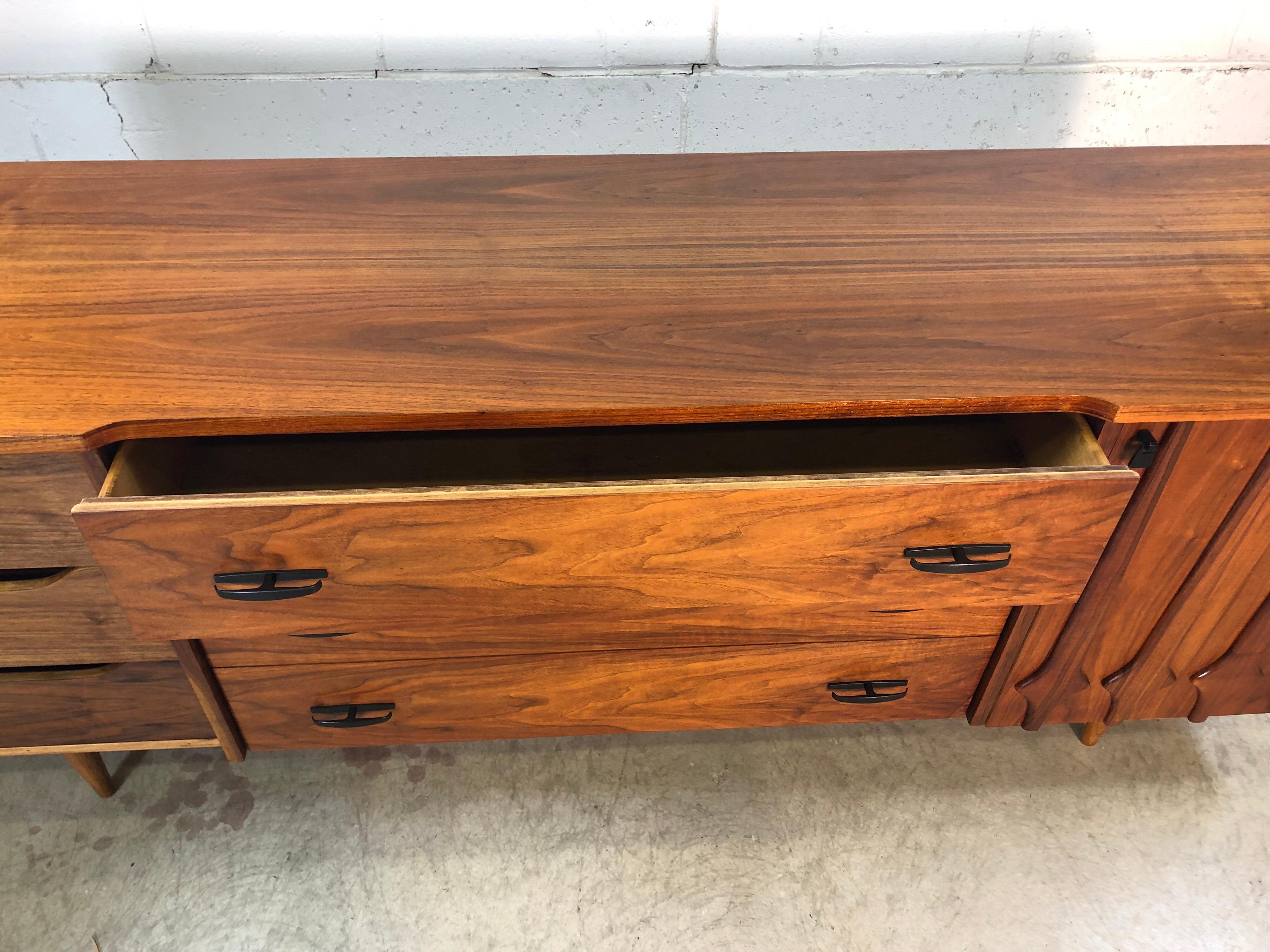 1960s Sculpted Walnut Long Nine Drawer Dresser For Sale 3