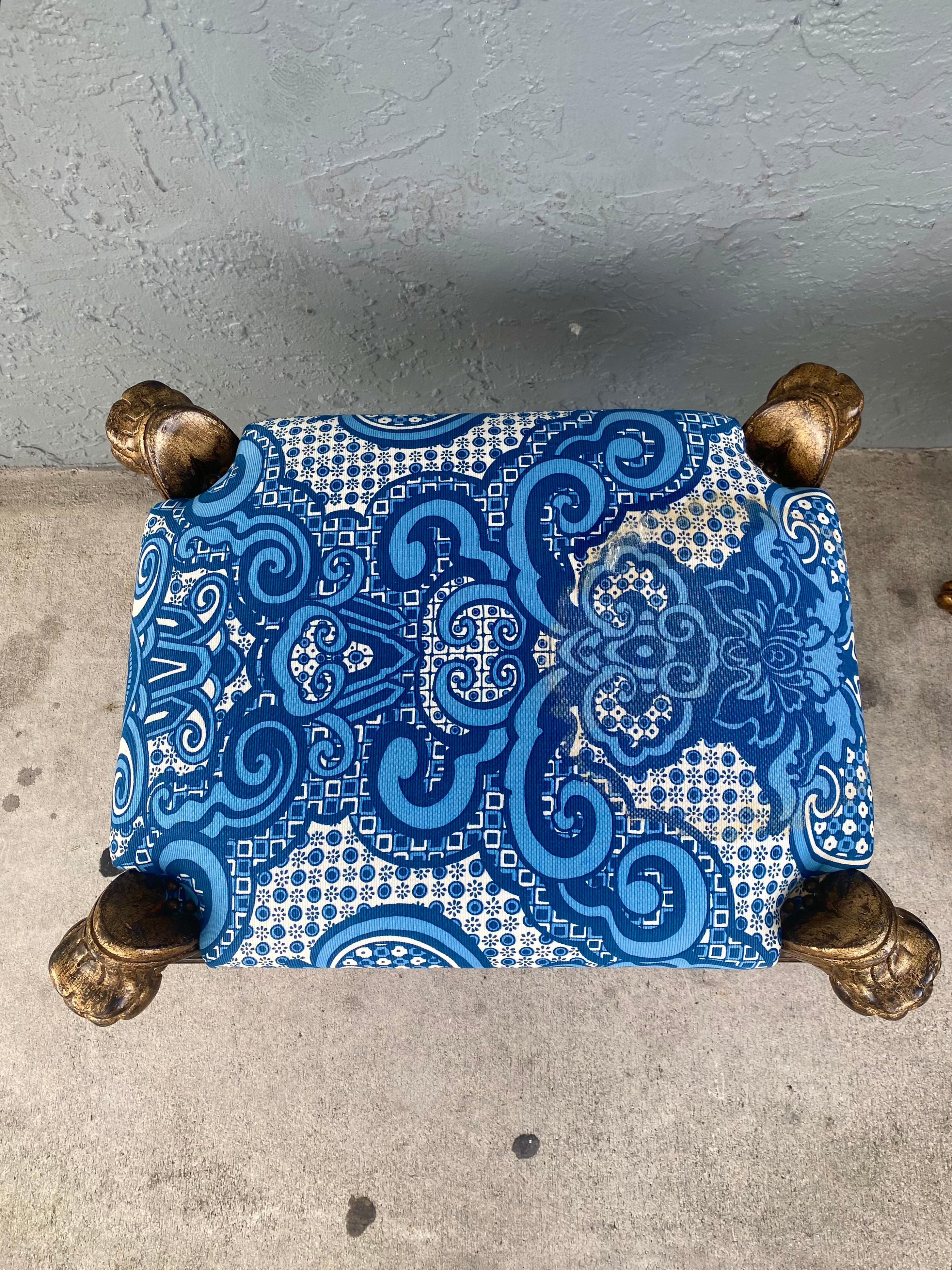1960s Sculptural Carved Wood Lion Blue and White Bench Ottoman Stool For Sale 5