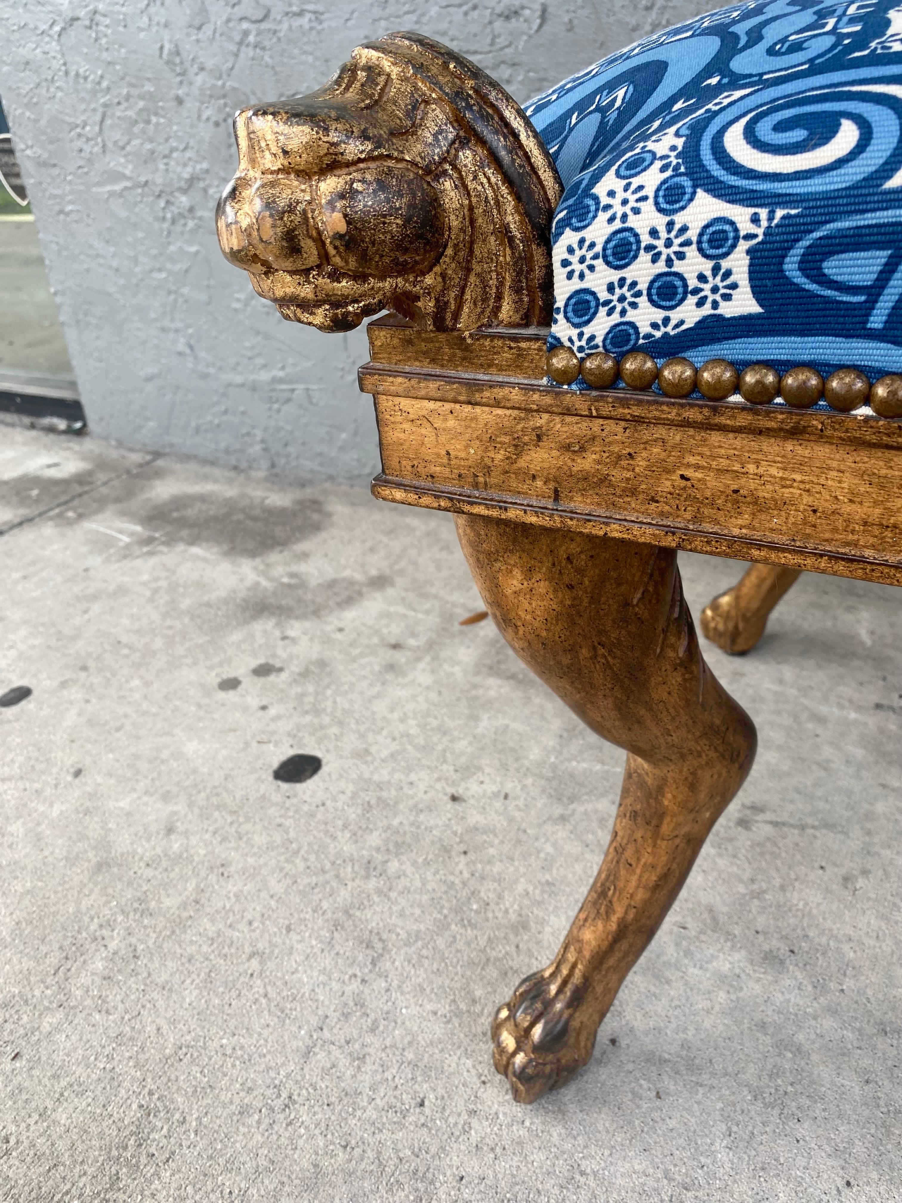 1960s Sculptural Carved Wood Lion Blue and White Bench Ottoman Stool For Sale 9