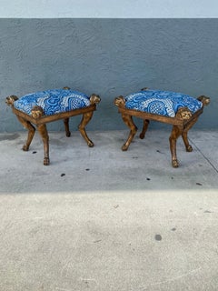 1960s Sculptural Carved Wood Lion Blue and White Bench Ottoman Stool