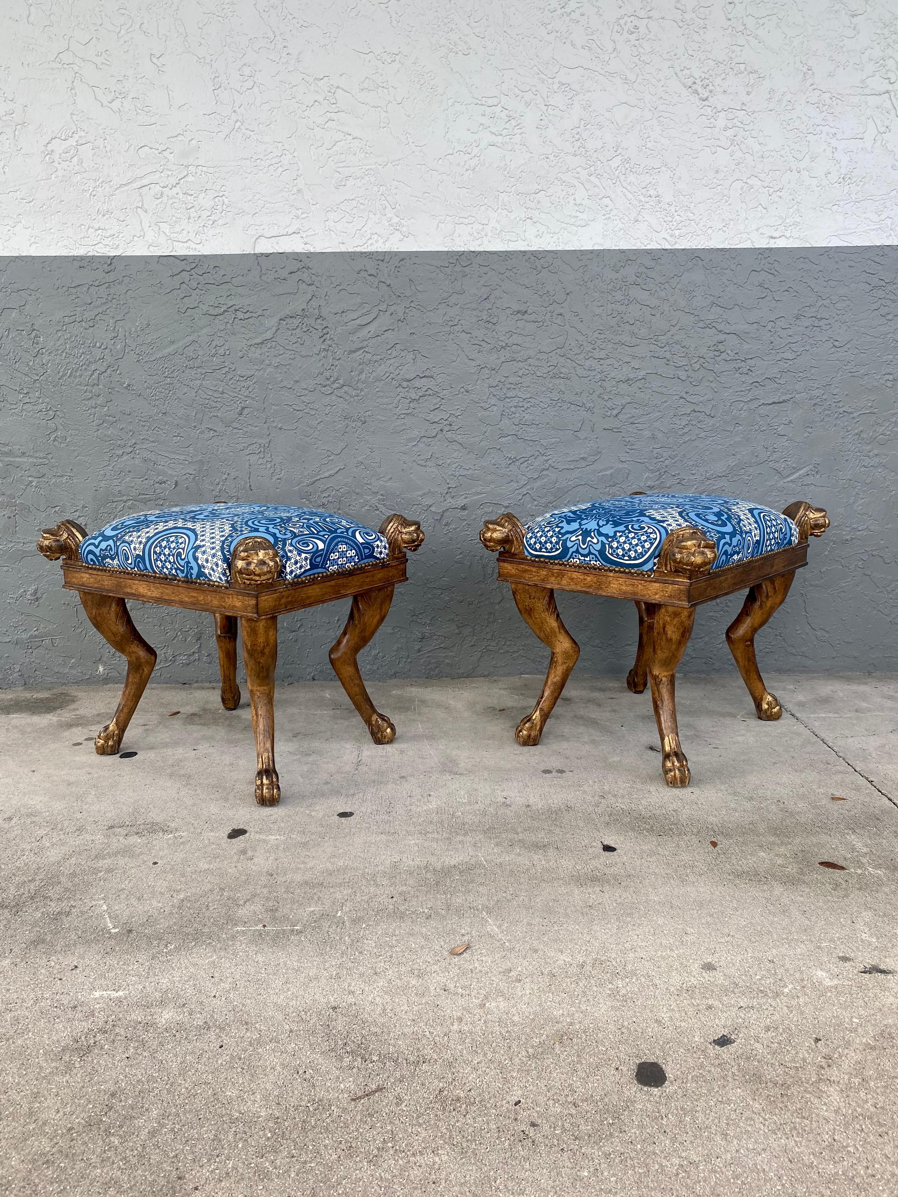 Mid-Century Modern 1960s Sculptural Carved Wood Lion Blue and White Bench Ottoman Stool For Sale