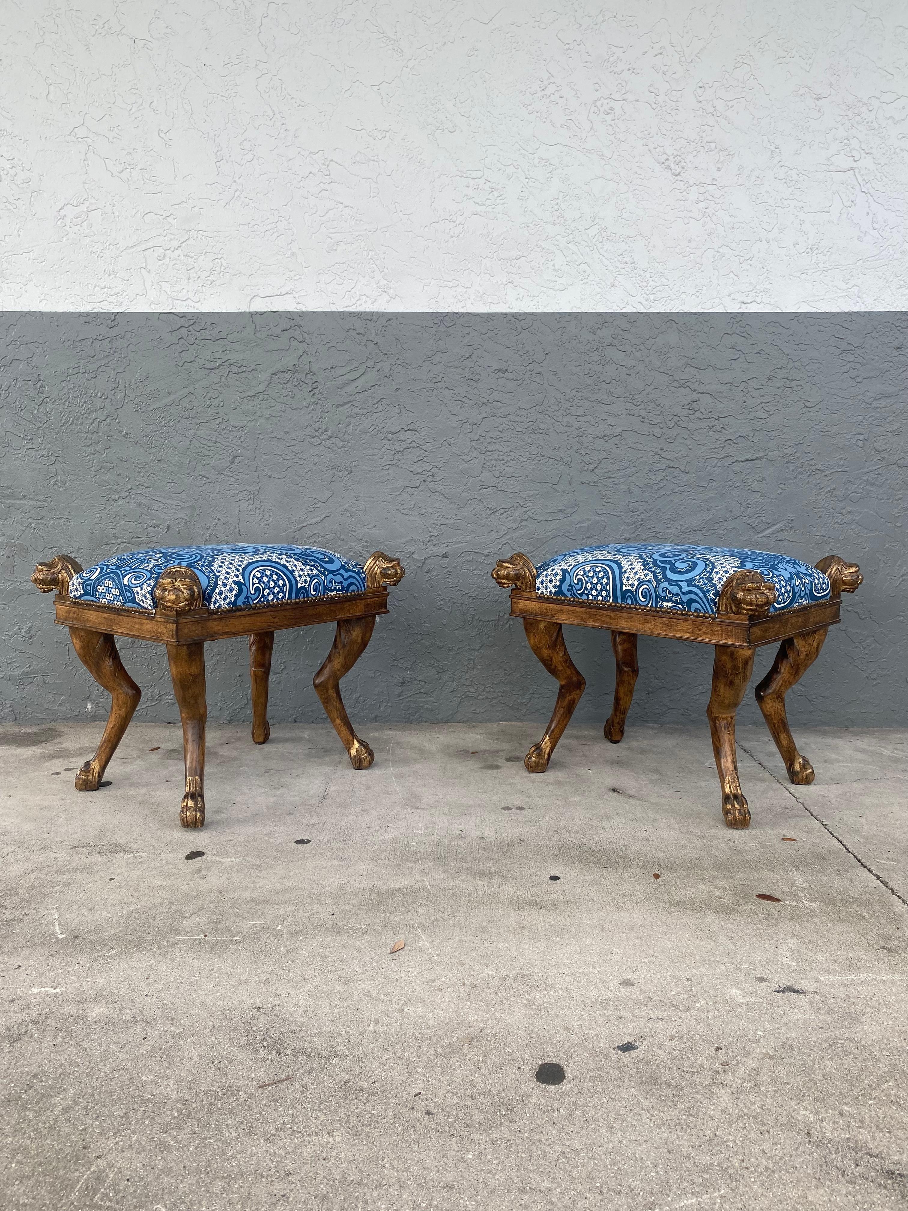 Mid-20th Century 1960s Sculptural Carved Wood Lion Blue and White Bench Ottoman Stool For Sale