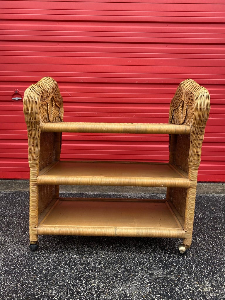 1960s Sculptural Woven Rattan Bar Tea Cart For Sale at 1stDibs