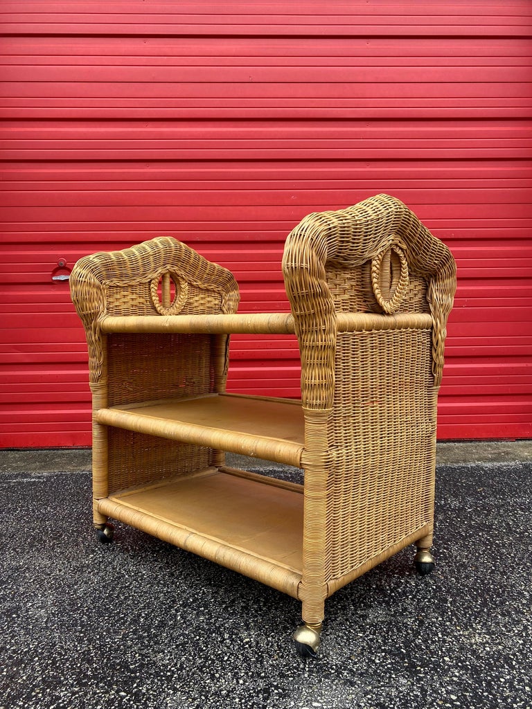 1960s Sculptural Woven Rattan Bar Tea Cart For Sale at 1stDibs