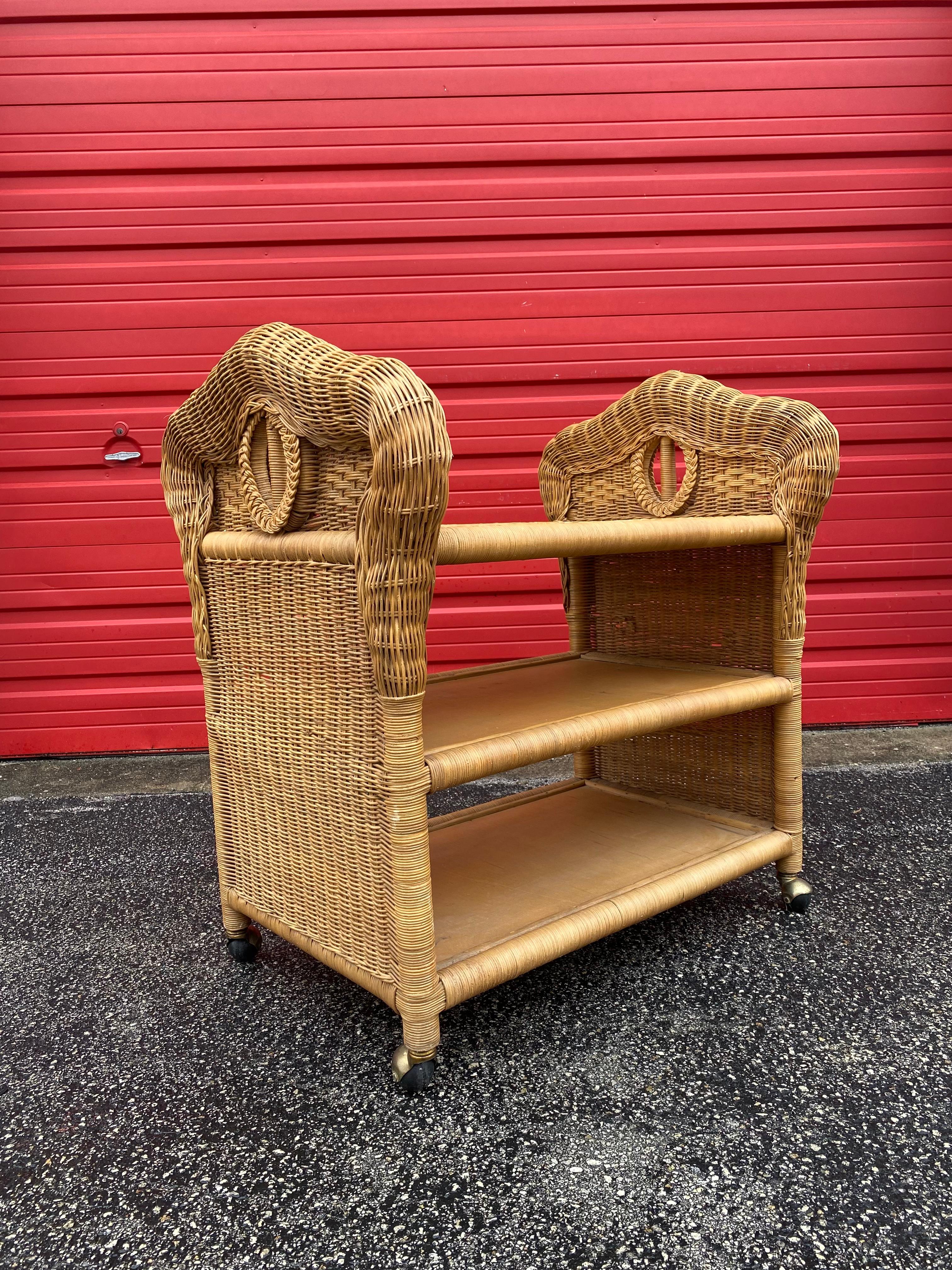 1960s Sculptural Woven Rattan Bar Tea Cart In Good Condition For Sale In Fort Lauderdale, FL