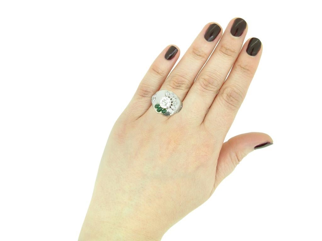 Old European Cut 1960s Seaman Schepps Diamond Emerald Flower Ring For Sale