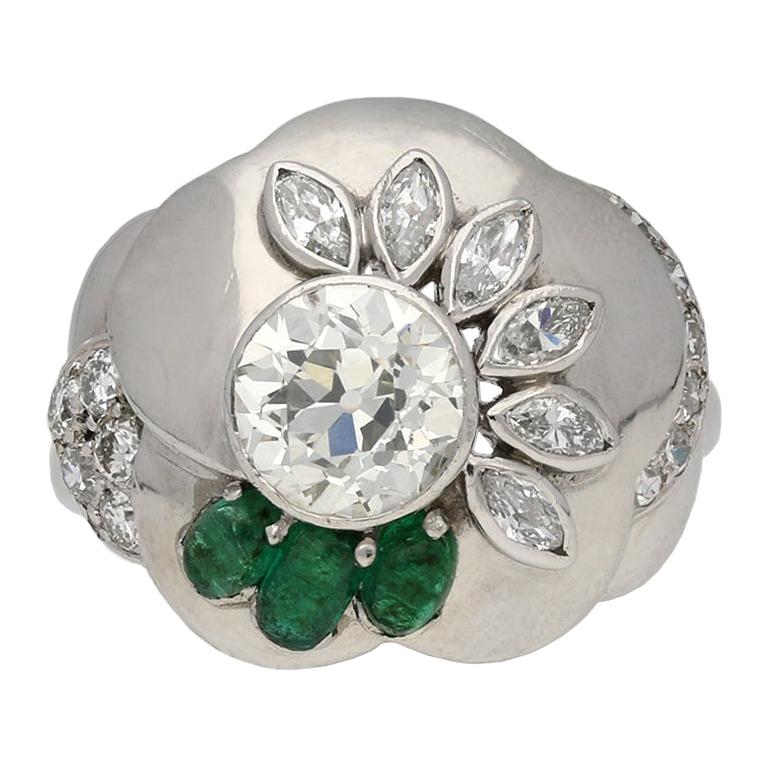 1960s Seaman Schepps Diamond Emerald Flower Ring For Sale