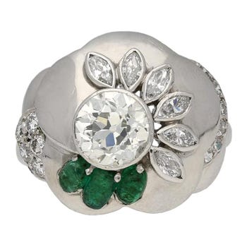 Seaman Schepps Diamond Emerald Flower Ring, 1960s 
