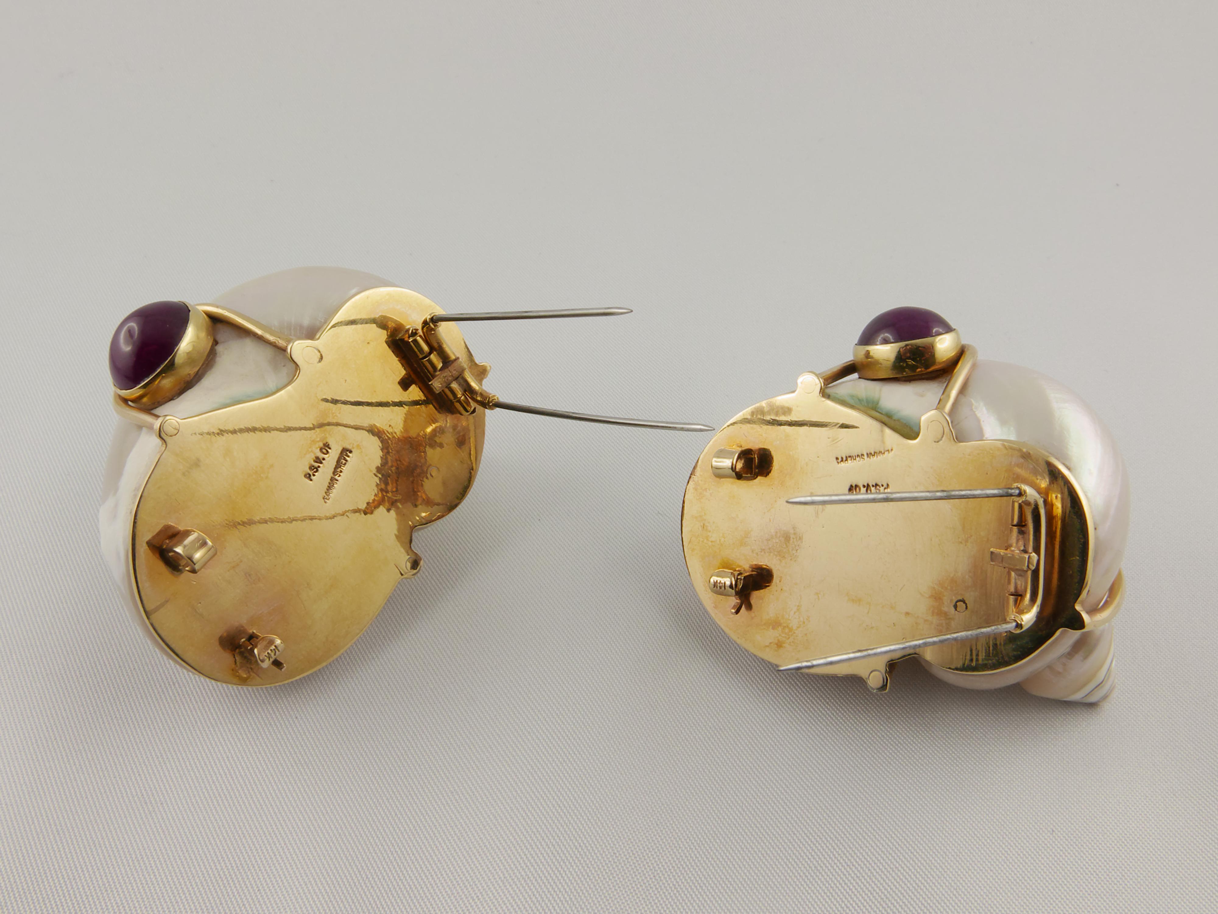 Women's or Men's 1960s Seaman Schepps Shell and Yellow Gold Brooches with Ruby and Chalcedony