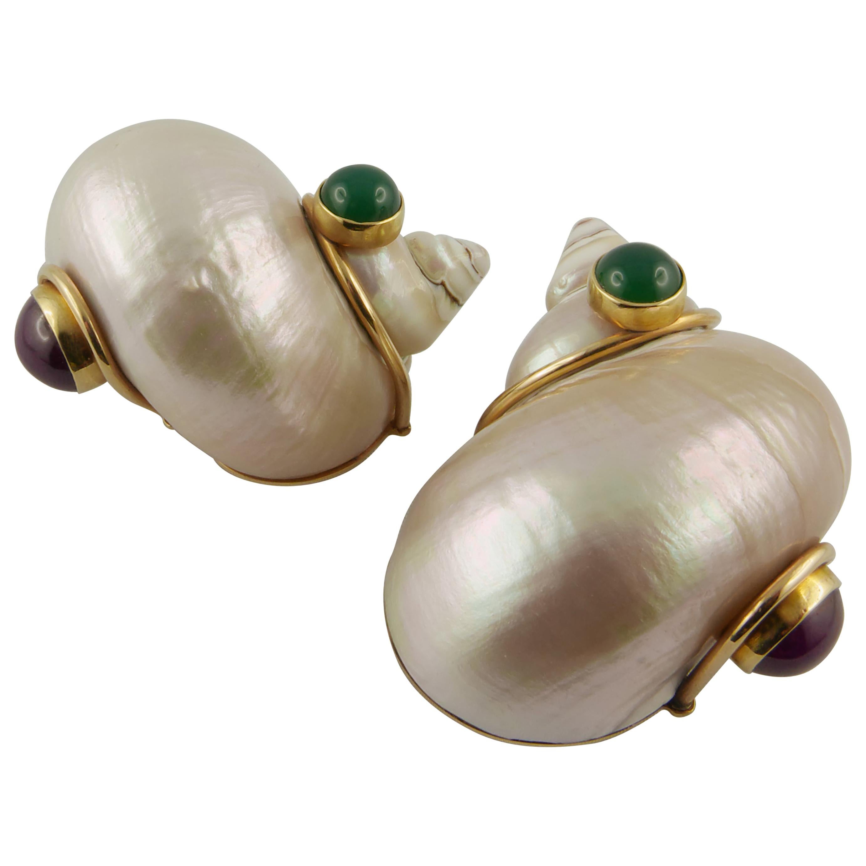 1960s Seaman Schepps Shell and Yellow Gold Brooches with Ruby and Chalcedony