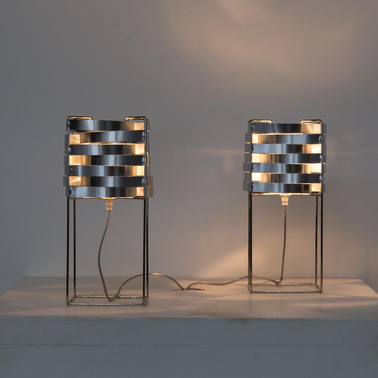 1960s Sebastien Sauze ‘Ganymede’ table lamp for Max Sauze set of 2. Bent aluminium sheet on steel structure, Ganymede table lamps are made from original late 1960s Max Sauze design by his son Sebastien Sauze, all Sauze genuine lighting fixtures are