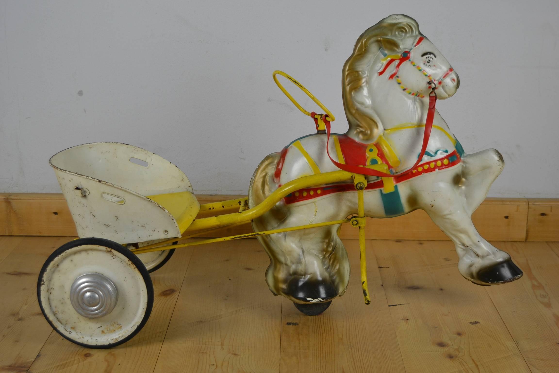 Mid-Century Modern 1960s Sebel Mobo Toy Horse, Pedal Carrey Trailer, Pressed Steel, UK