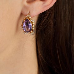 1960s Seed Pearl Amethyst 14 Karat Yellow Gold Earrings