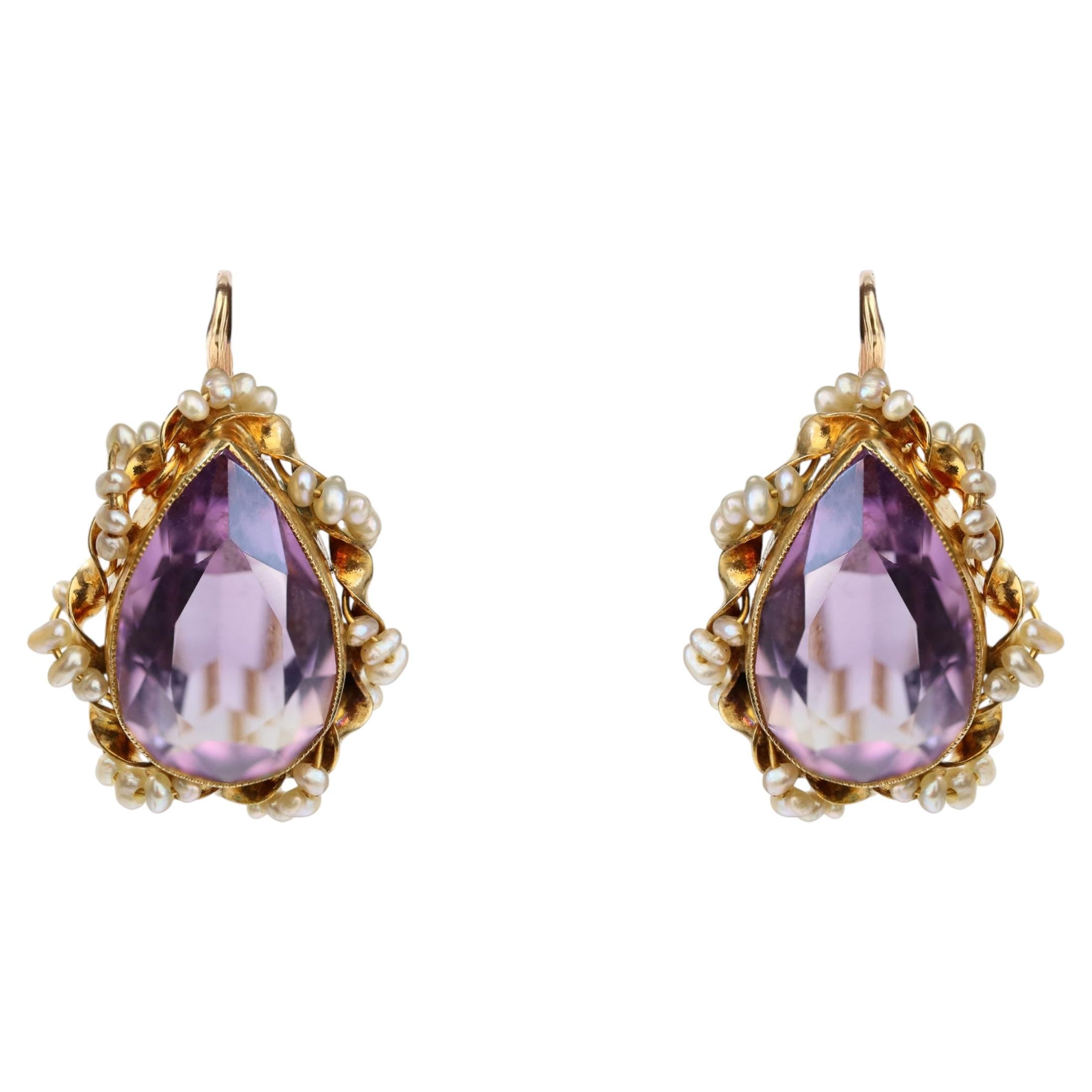Boucles d'oreilles 1960 en or jaune 14 carats avec perles de rocaille et améthyste en vente