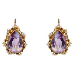 1960s Seed Pearl Amethyst 14 Karat Yellow Gold Earrings