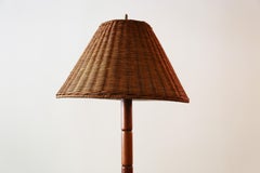 1960s Segmented Solid Teak Floor Lamp w/ Wicker Shade Danish Mid-Century Modern