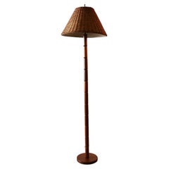 1960s Segmented Solid Teak Floor Lamp w/ Wicker Shade Danish Mid-Century Modern