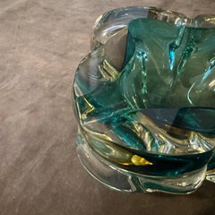 1960s Seguso Style Modern Heavy Green and Yellow Murano Glass Big ashtray