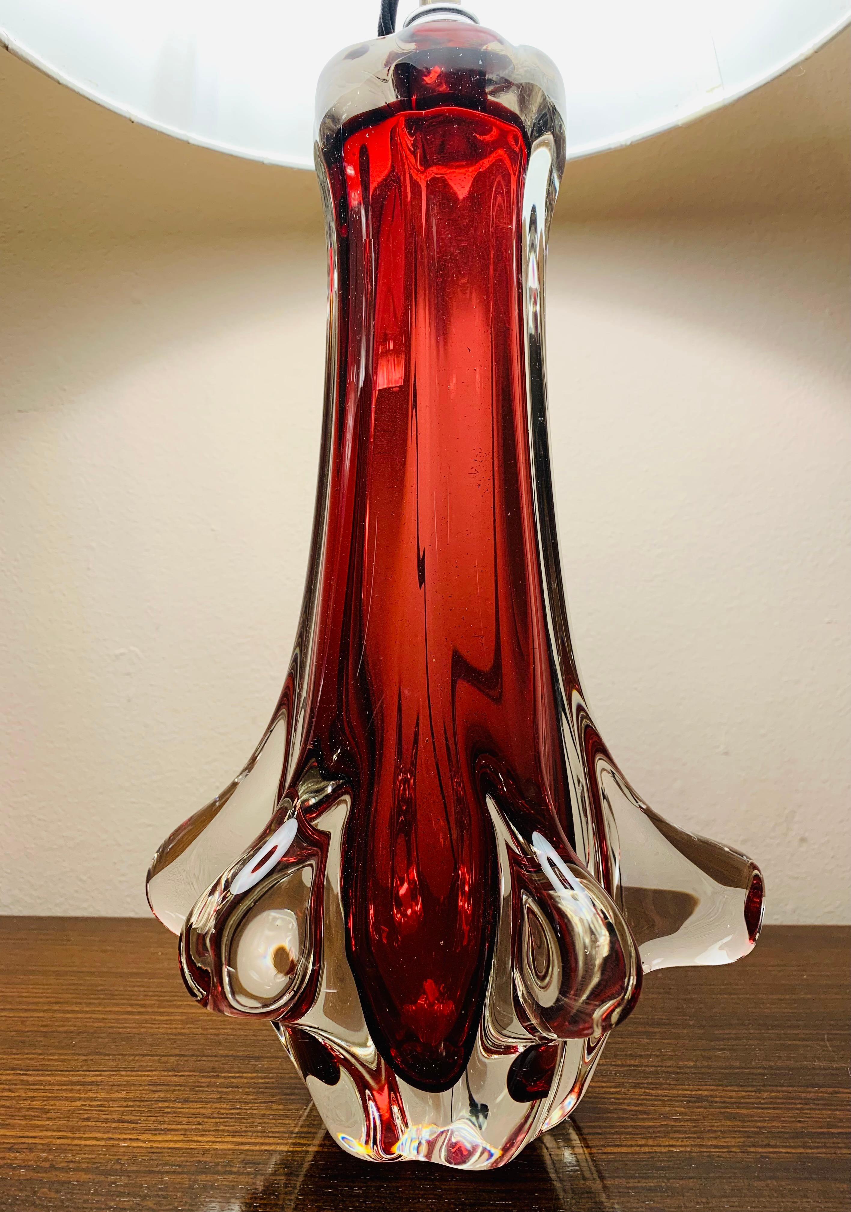 1960s Seguso Style Ruby Red Glass Encased in Hand Blown Clear Glass Table Lamp 4