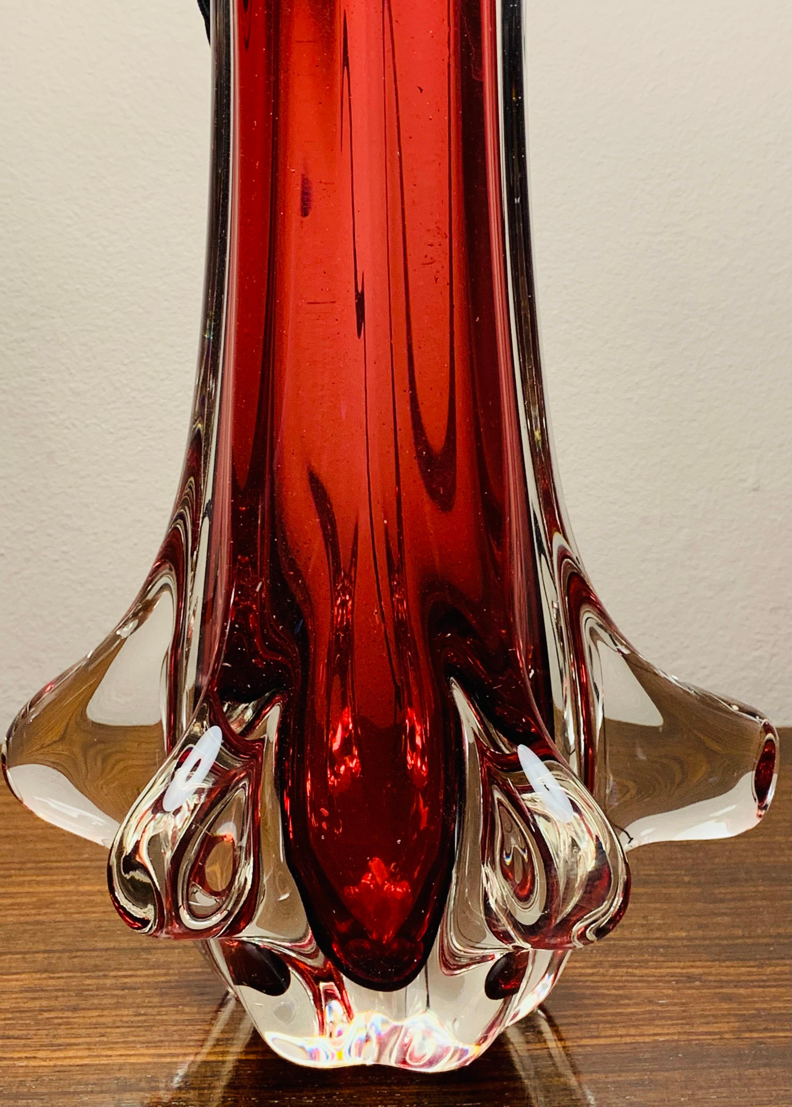 Brass 1960s Seguso Style Ruby Red Glass Encased in Hand Blown Clear Glass Table Lamp