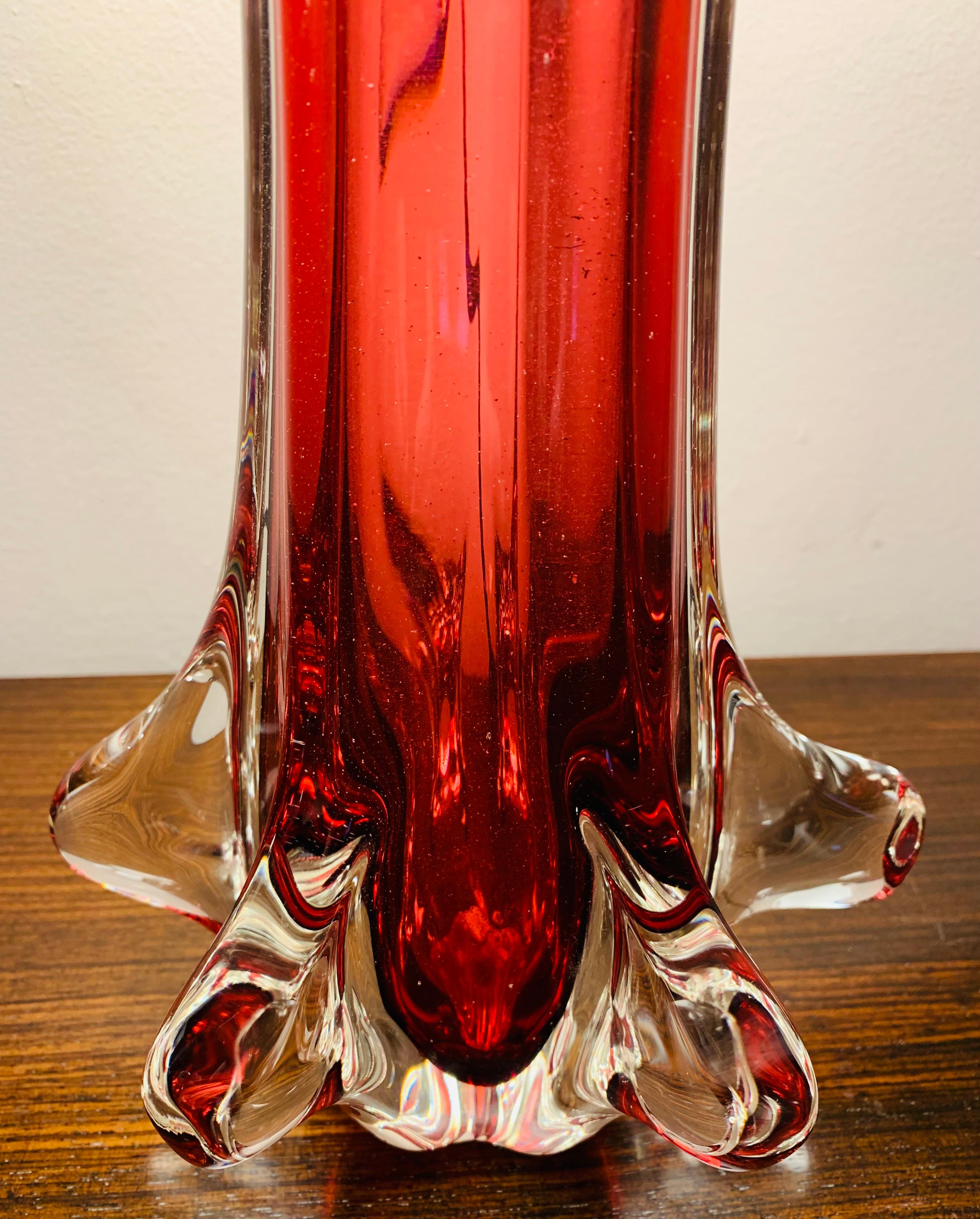 1960s Seguso Style Ruby Red Glass Encased in Hand Blown Clear Glass Table Lamp 1