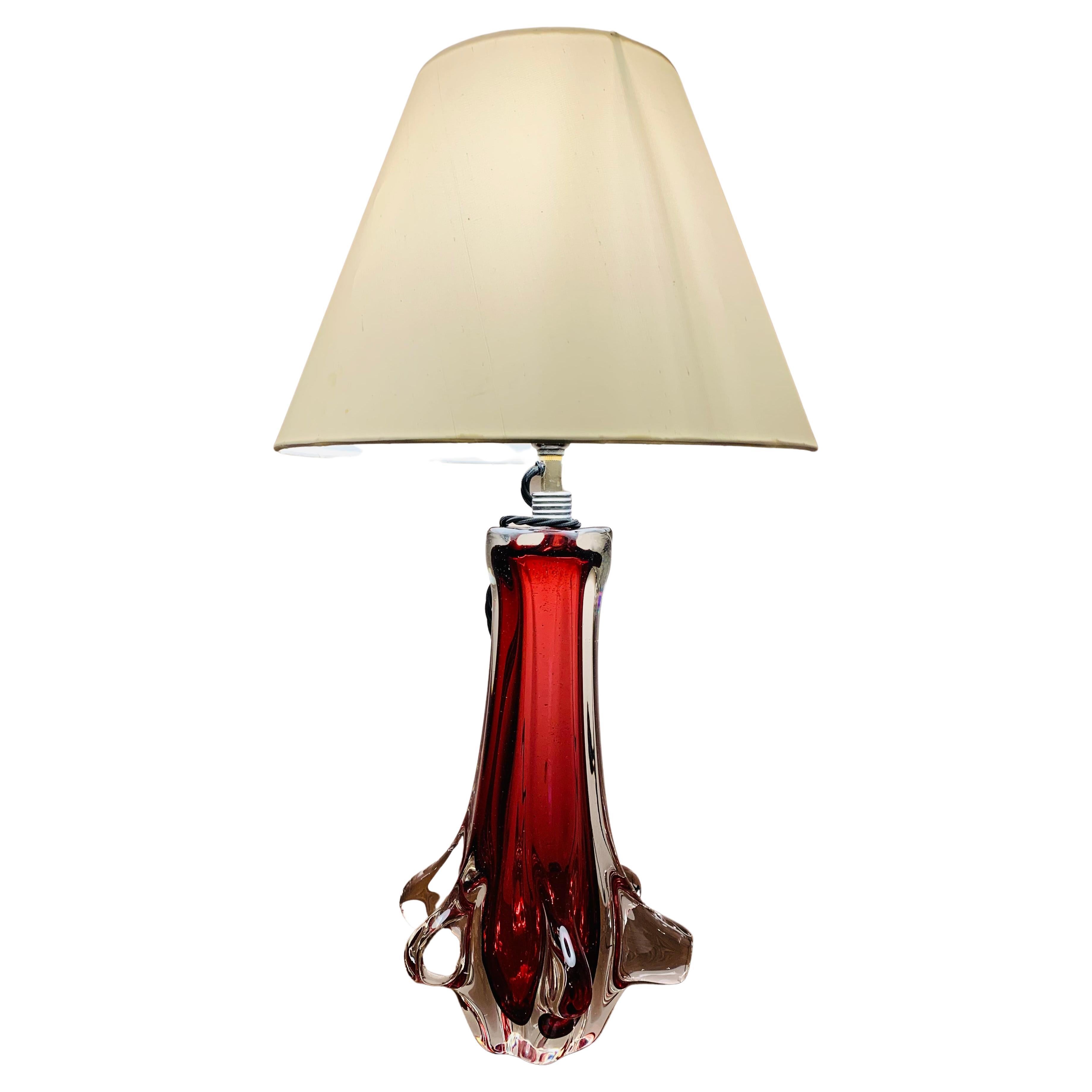 1960s Seguso Style Ruby Red Glass Encased in Hand Blown Clear Glass Table Lamp