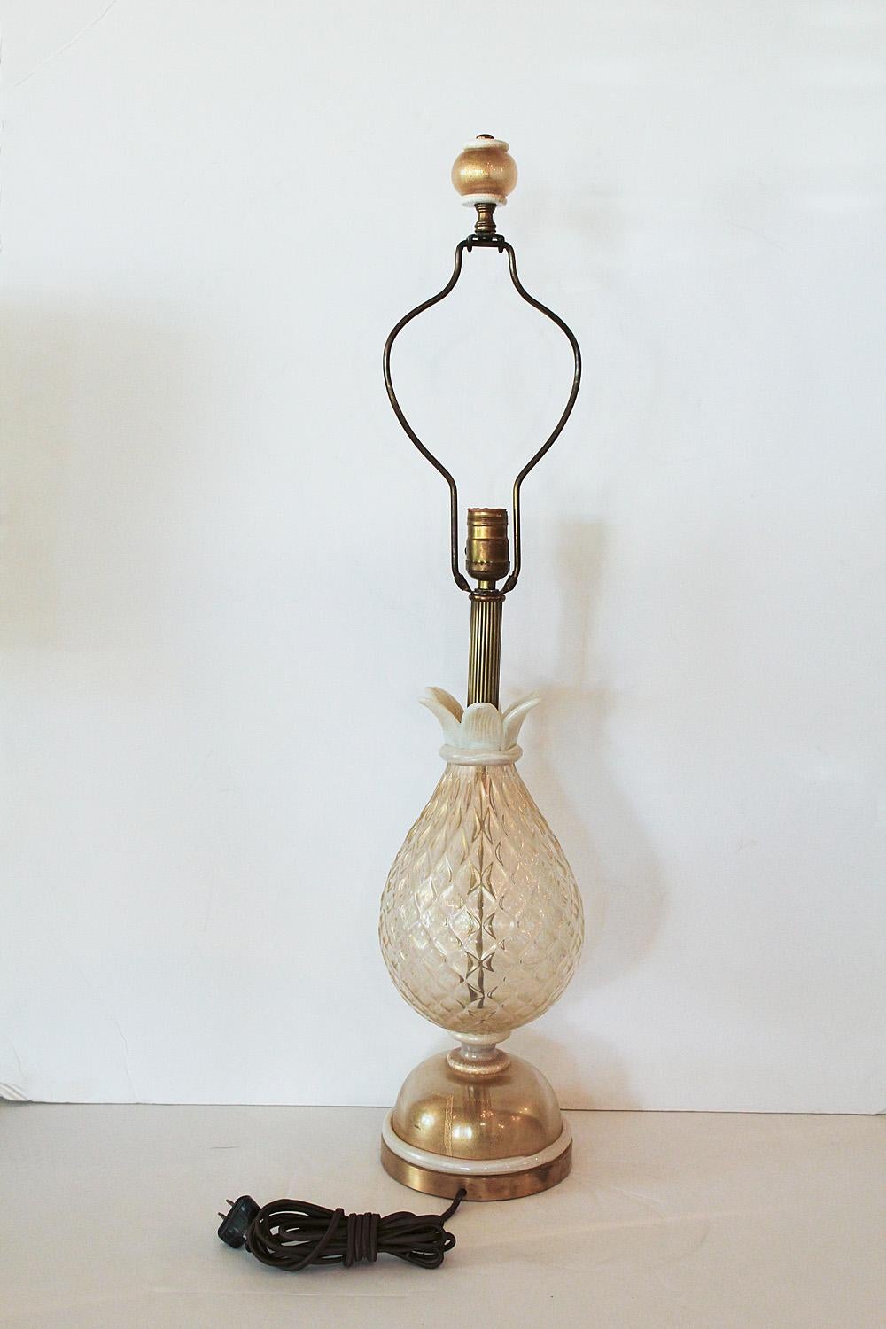 Brass 1960s Seguso White and Clear Gold Dusted Murano Glass Pineapple Lamp For Sale