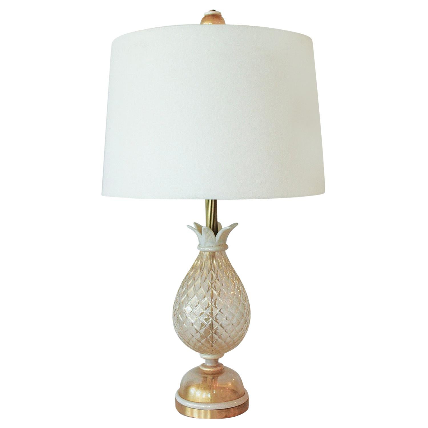 1960s Seguso White and Clear Gold Dusted Murano Glass Pineapple Lamp For Sale