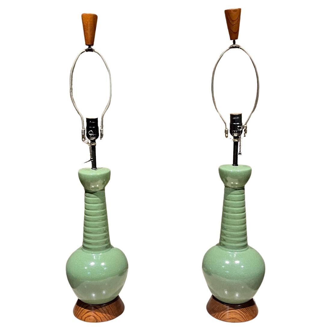 1960s Sensational Modern Green Table Lamp Pair Ceramic