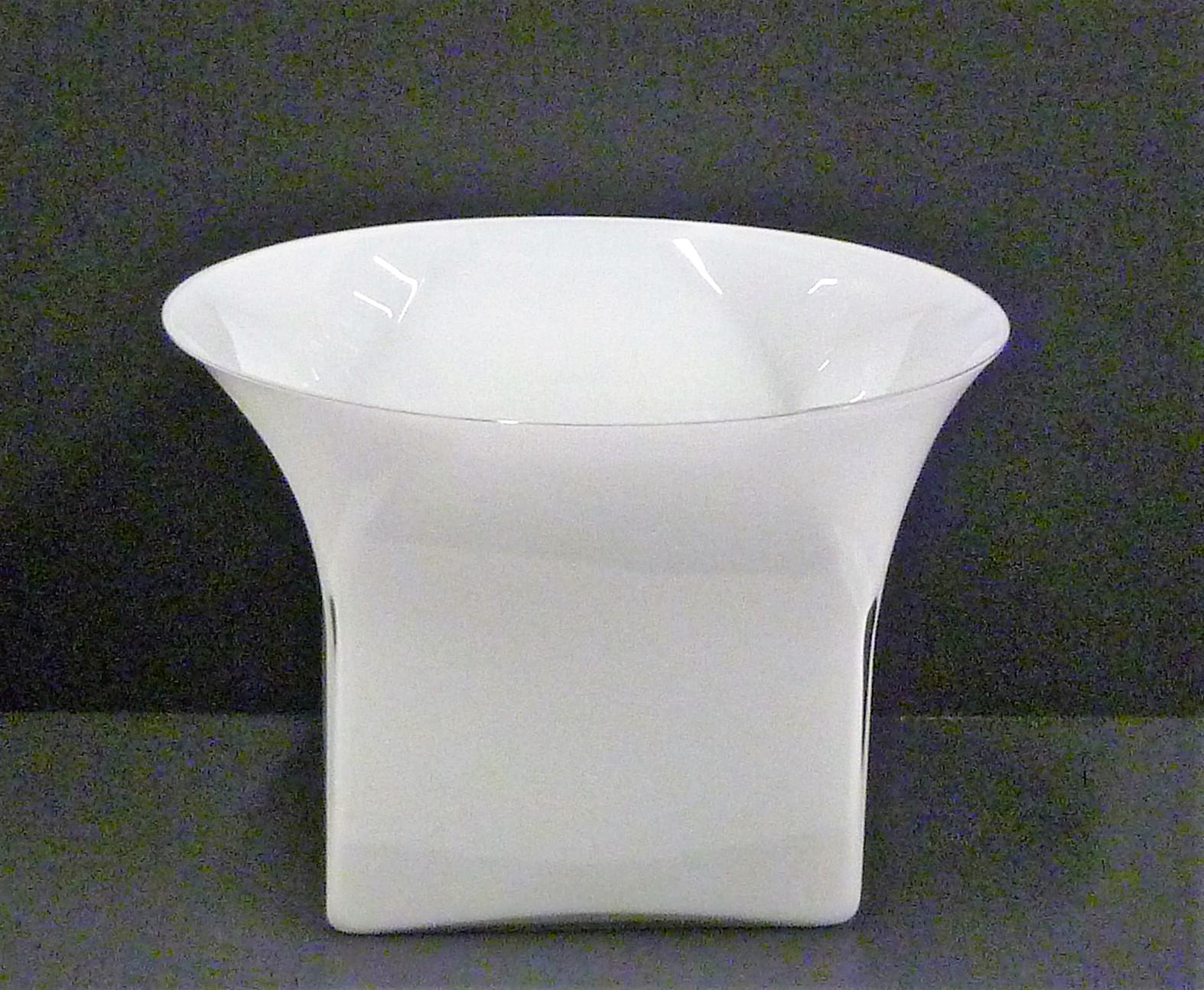 Large Sergio Asti (b. 1926) white cased glass vessel center piece for Venini, Murano, Italy. This vessel from the Demode Series of the late 1960s-early 1970s has a square body that flares out to a round mouth. Incised scrip signature Asti Venini