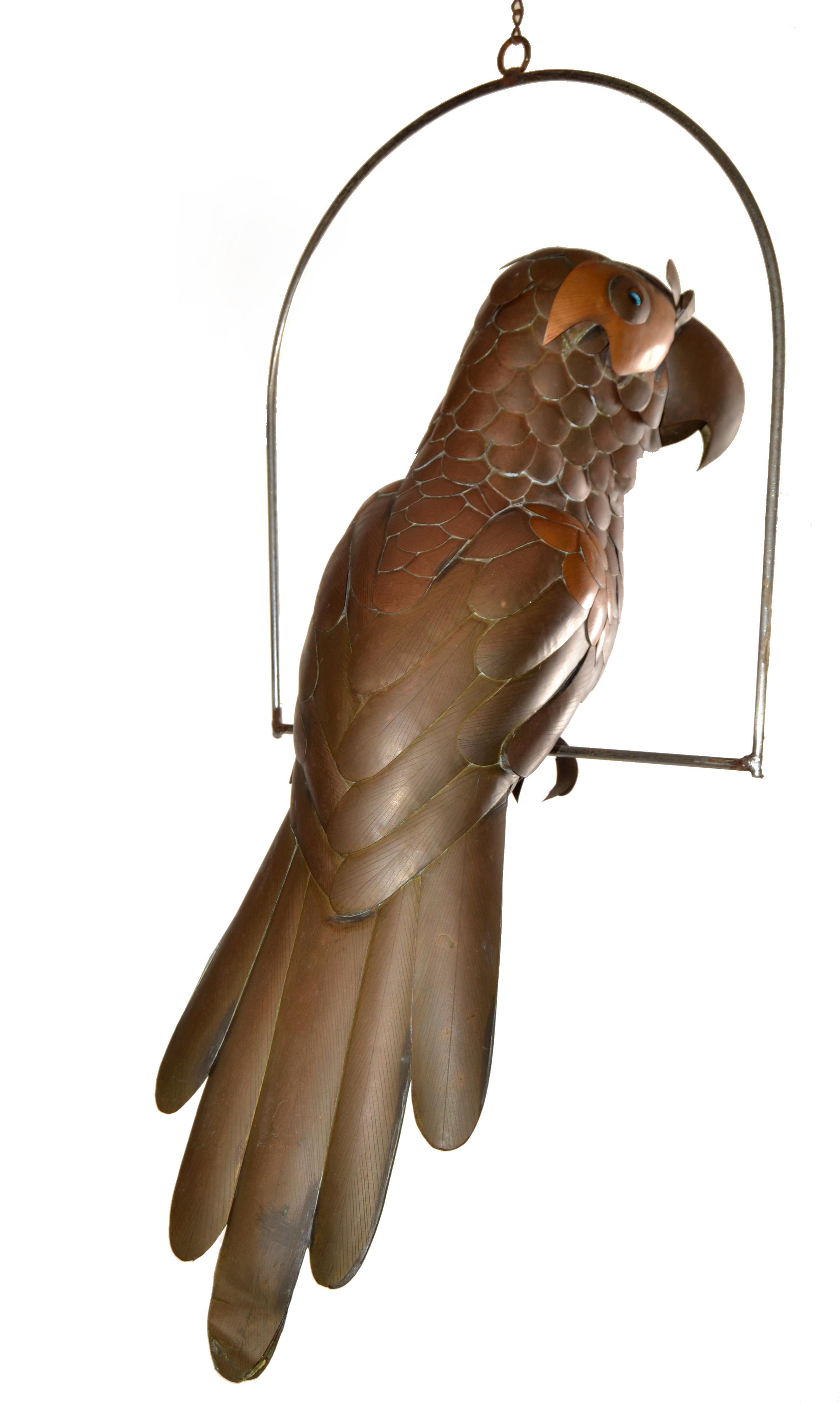 1960 Sergio Bustamante ottone rame metallo pappagallo animale appeso posatoio Messico in vendita 4