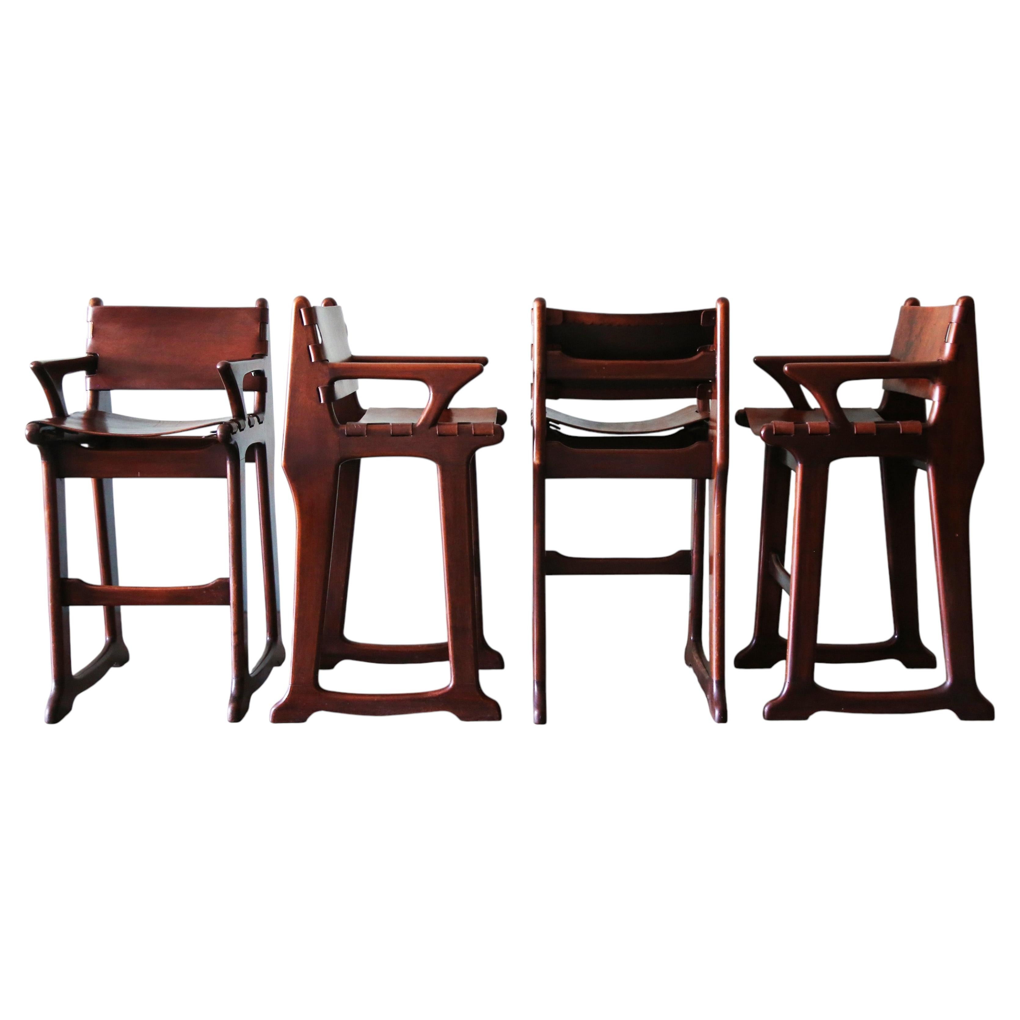 1960s Sergio Rodrigues Style Brazilian Barstools in patinated leather - Set of 4