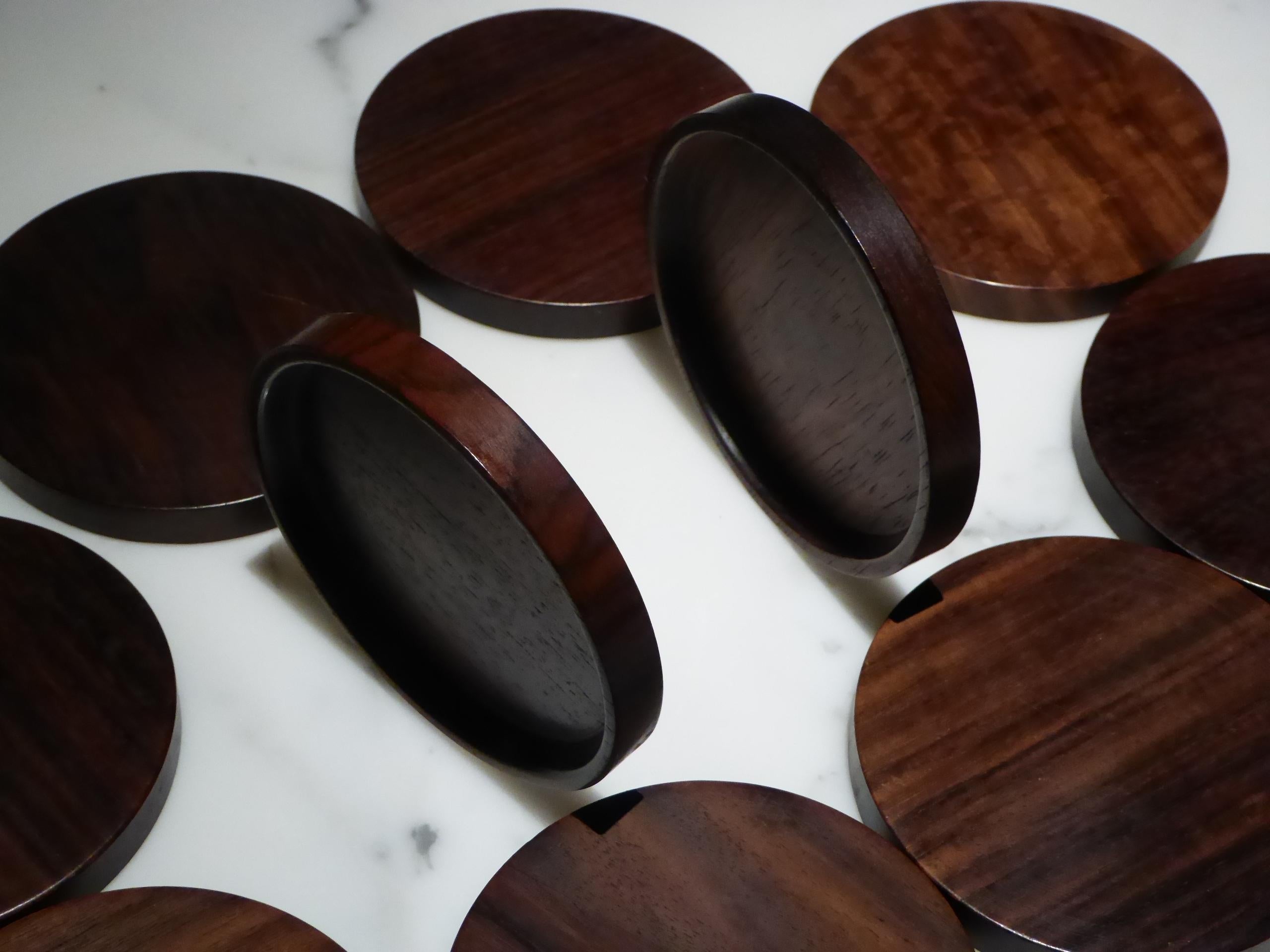 Scandinavian Modern 1960s Set 10 Danish Modern Carved Rosewood Coasters by Saap of Denmark