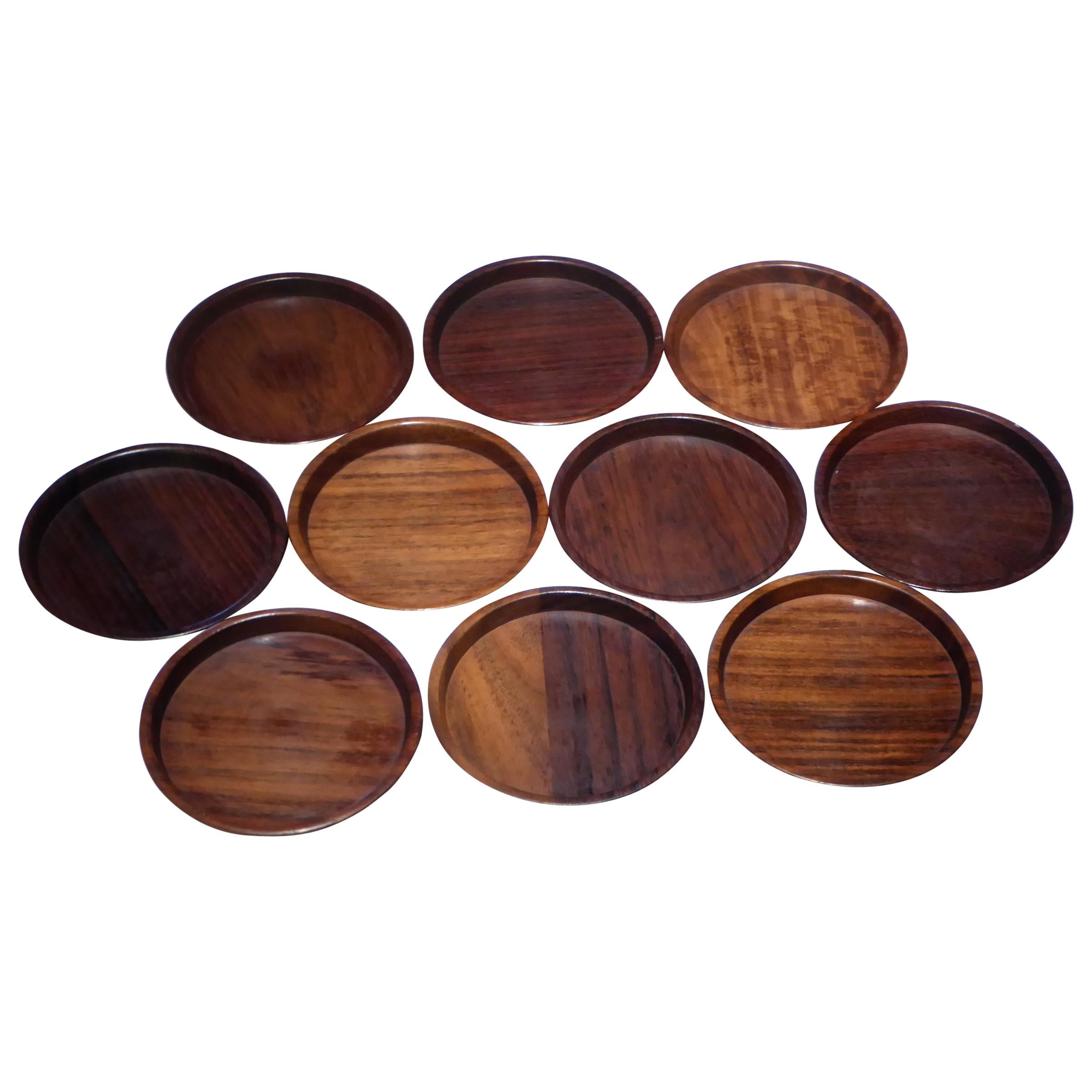 1960s Set 10 Danish Modern Carved Rosewood Coasters by Saap of Denmark