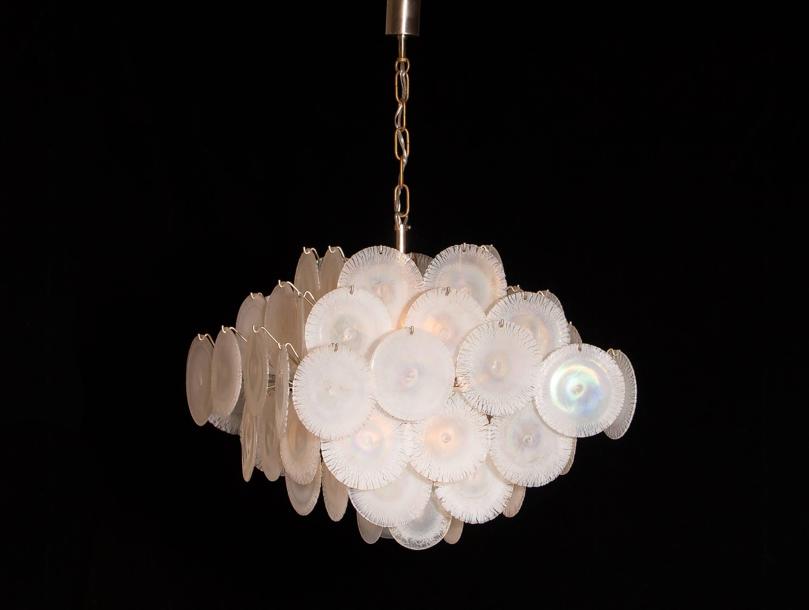 1960s, Set Gino Vistosi Chandeliers with White / Pearl Murano Crystal Discs 4