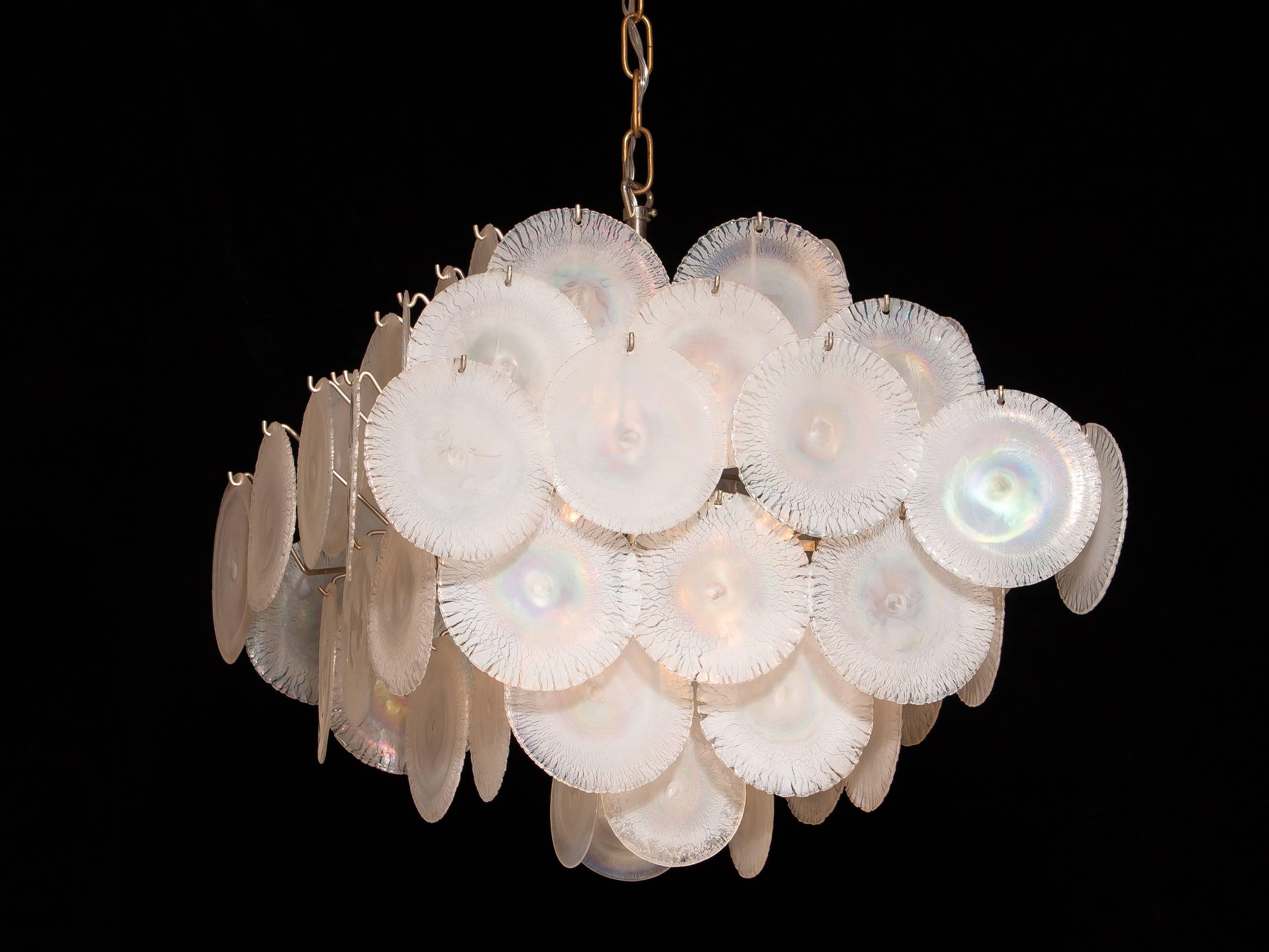 1960s, Set Gino Vistosi Chandeliers with White / Pearl Murano Crystal Discs 5