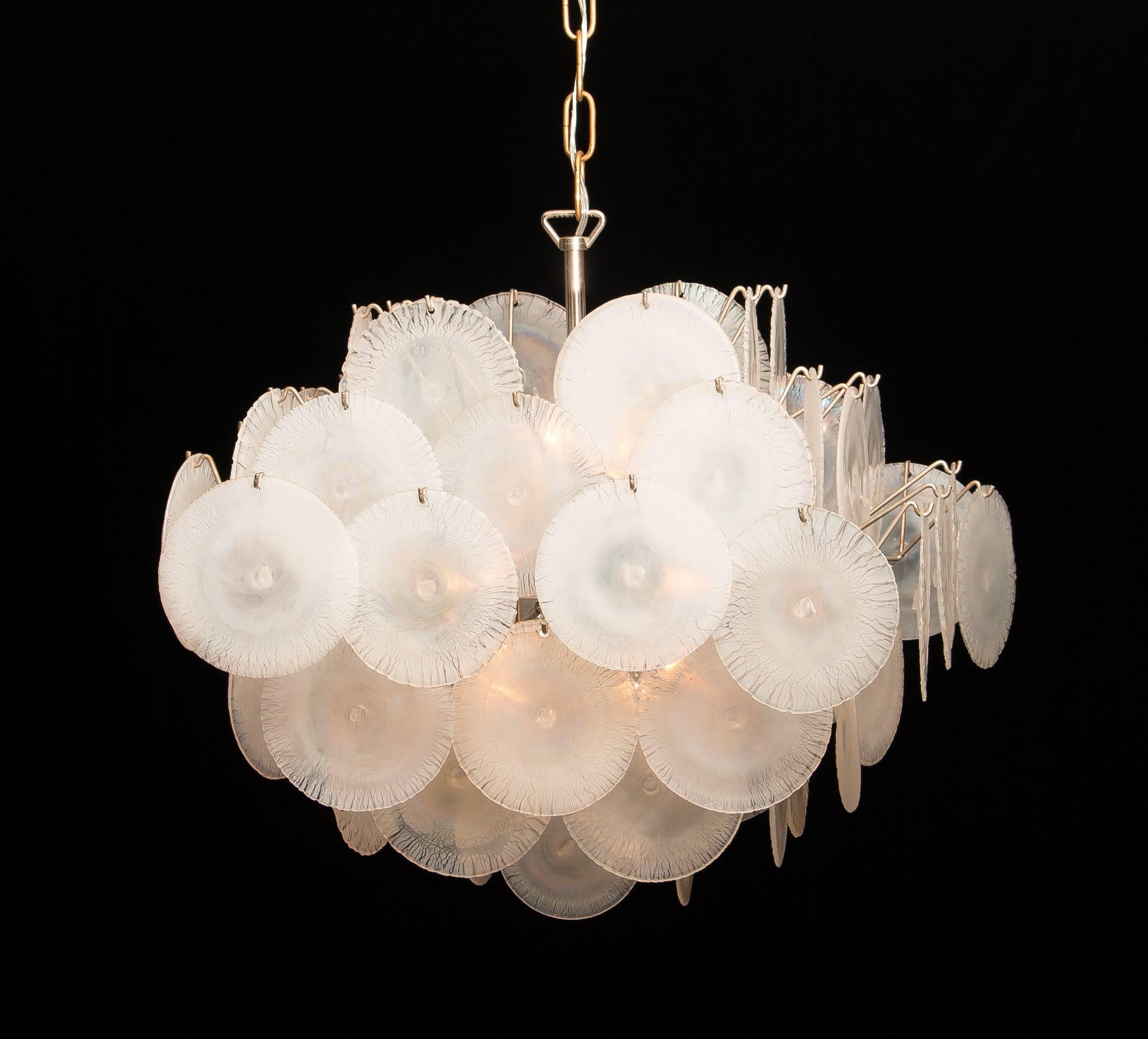 1960s, Set Gino Vistosi Chandeliers with White / Pearl Murano Crystal Discs 10