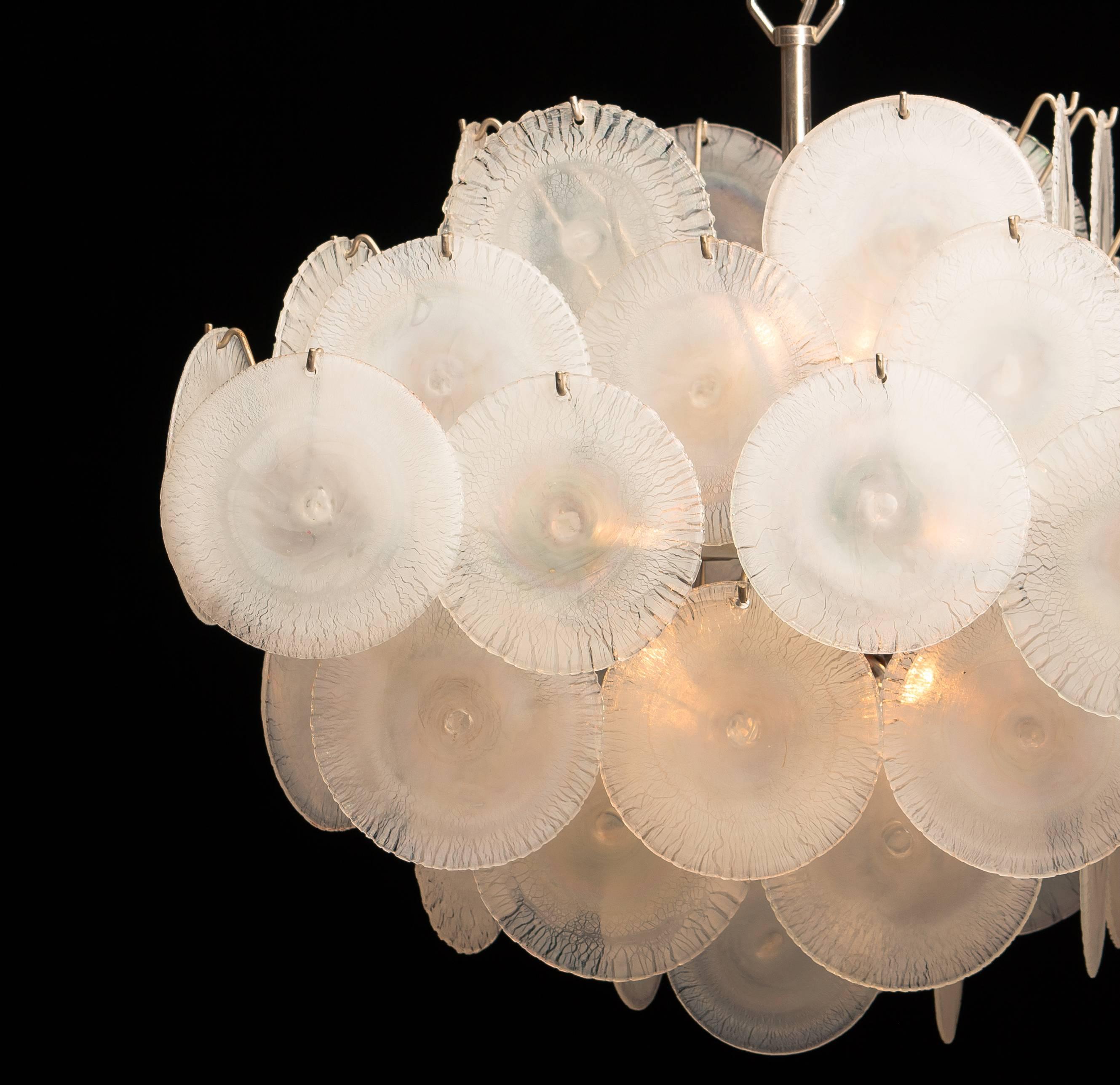 1960s, Set Gino Vistosi Chandeliers with White / Pearl Murano Crystal Discs 12