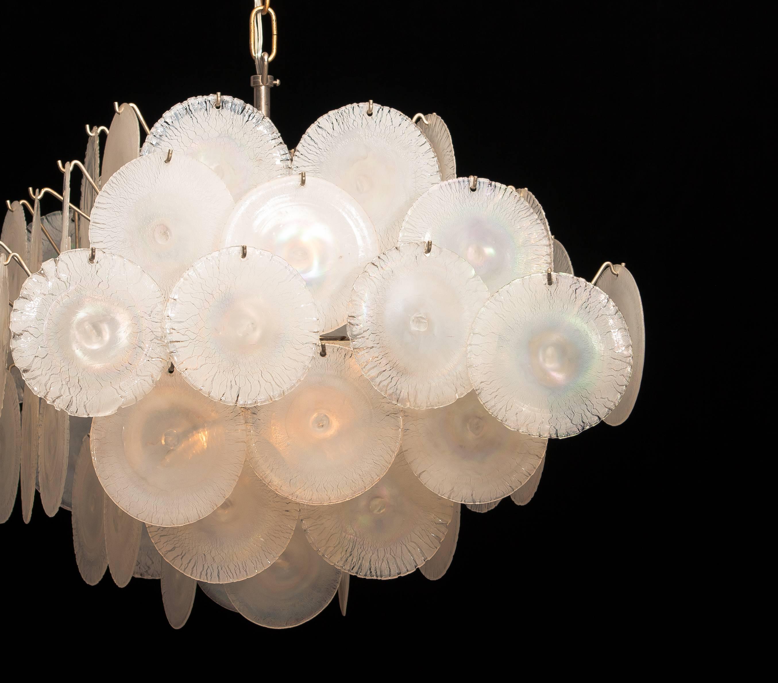 1960s, Set Gino Vistosi Chandeliers with White / Pearl Murano Crystal Discs 13