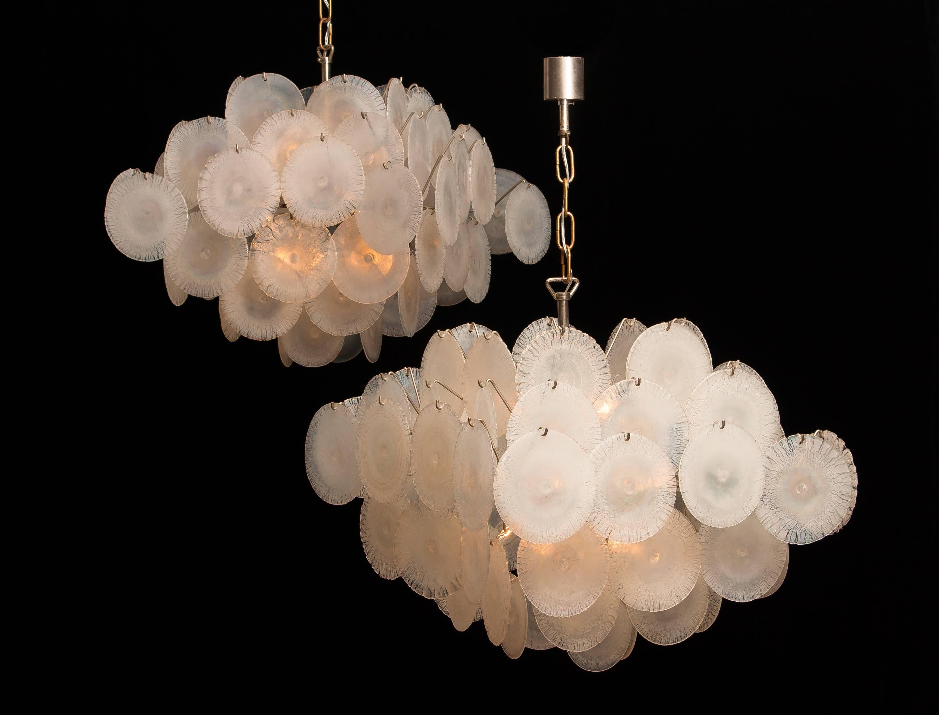 Mid-Century Modern 1960s, Set Gino Vistosi Chandeliers with White / Pearl Murano Crystal Discs