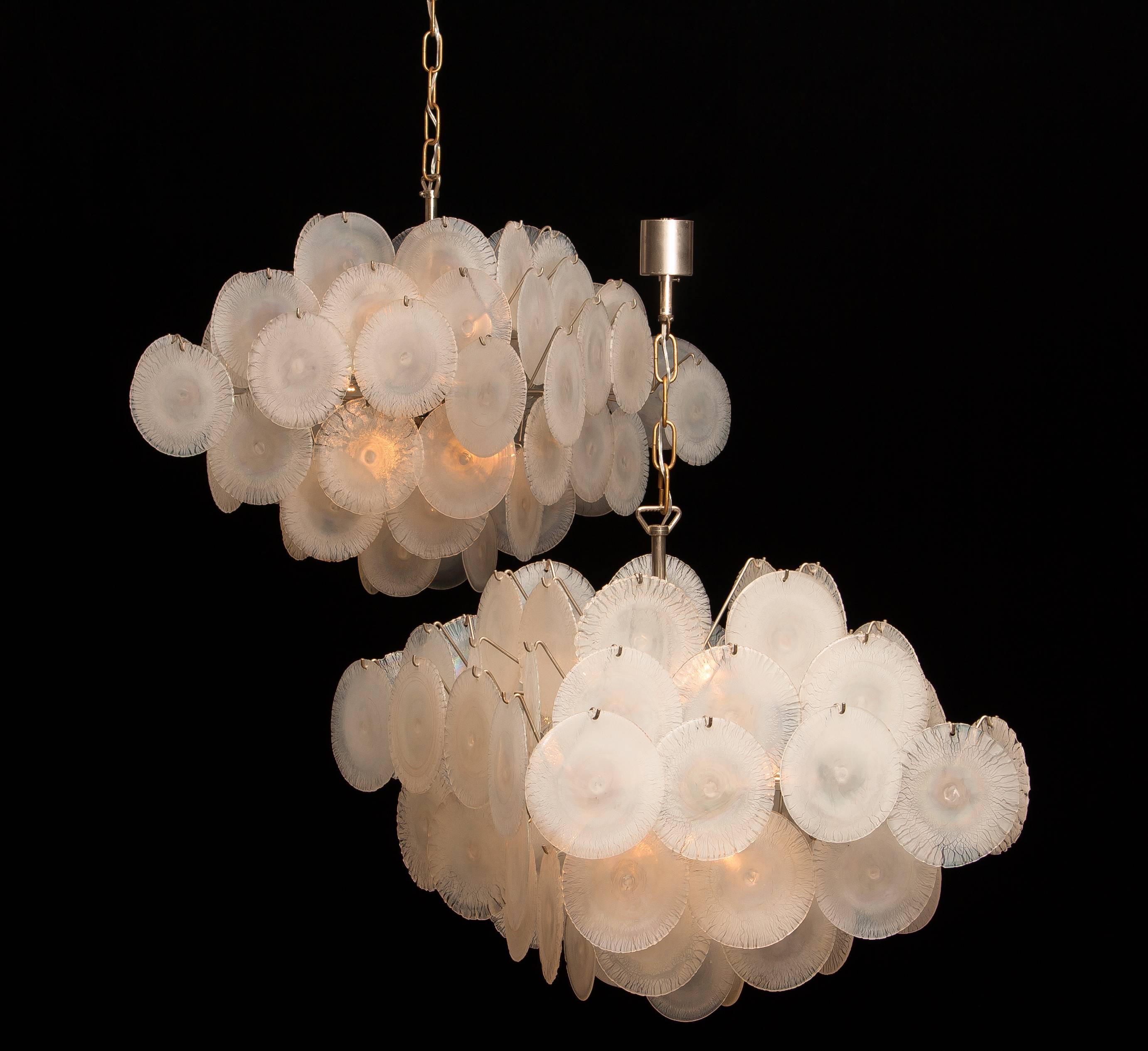 1960s, Set Gino Vistosi Chandeliers with White / Pearl Murano Crystal Discs 1