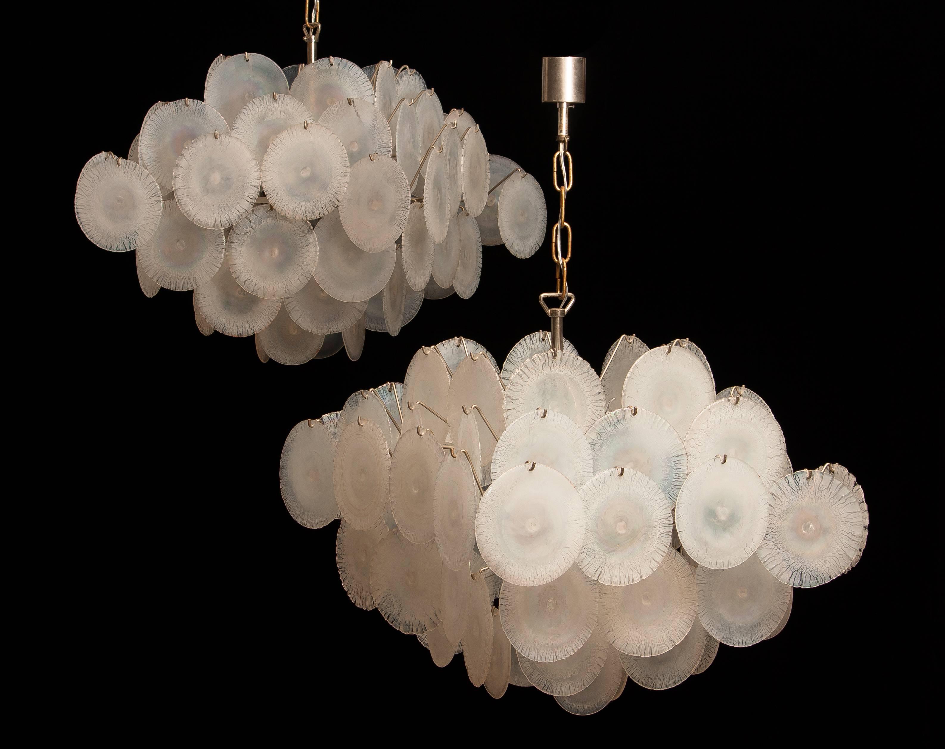 1960s, Set Gino Vistosi Chandeliers with White / Pearl Murano Crystal Discs 2