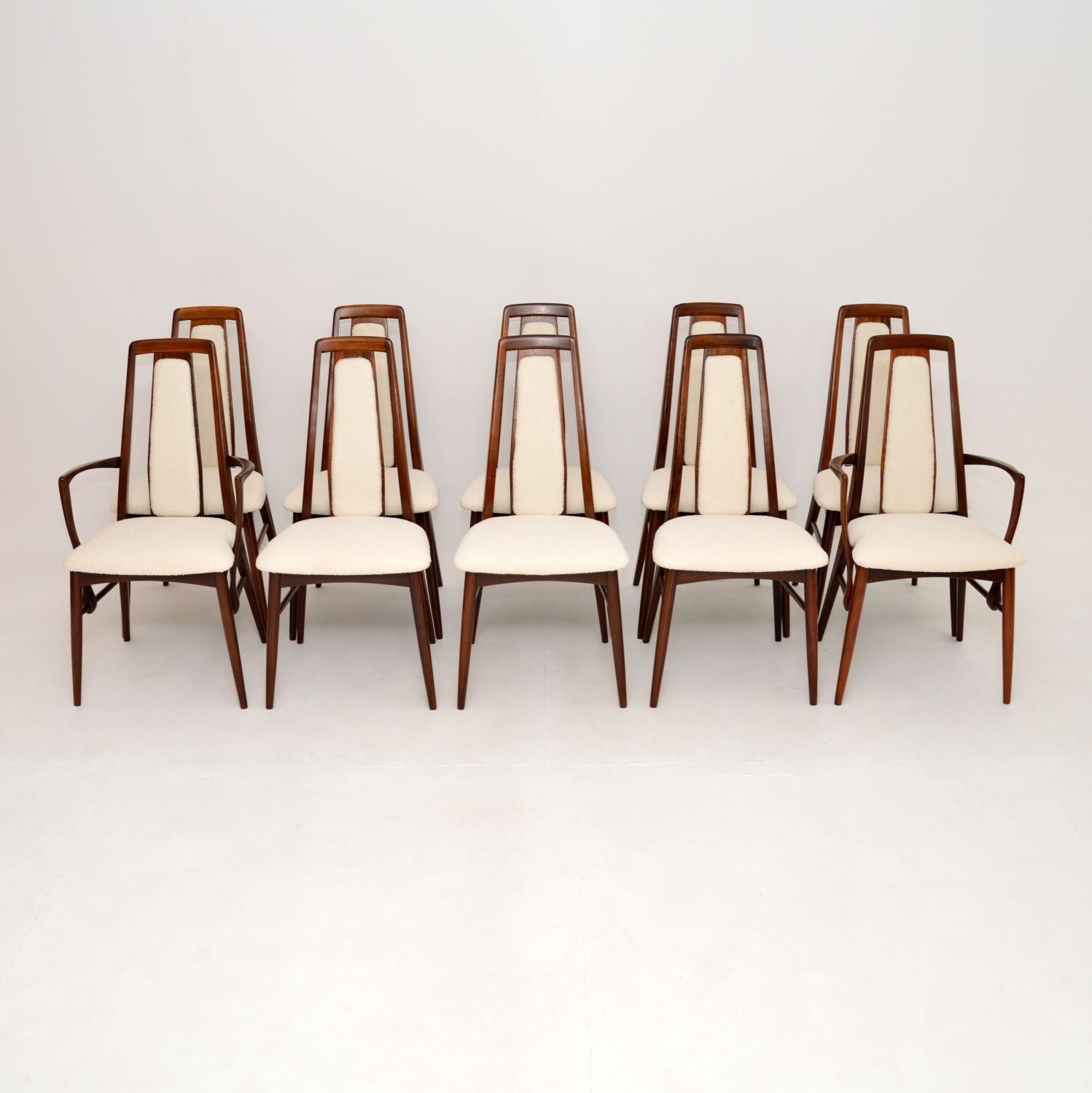 A stunning set of ten Danish vintage dining chairs. They were designed by Niels Koefoed and manufactured by Koefoed Hornslet in the 1960’s.

They have a beautiful design, the quality is superb and they are very comfortable. The grain patterns are