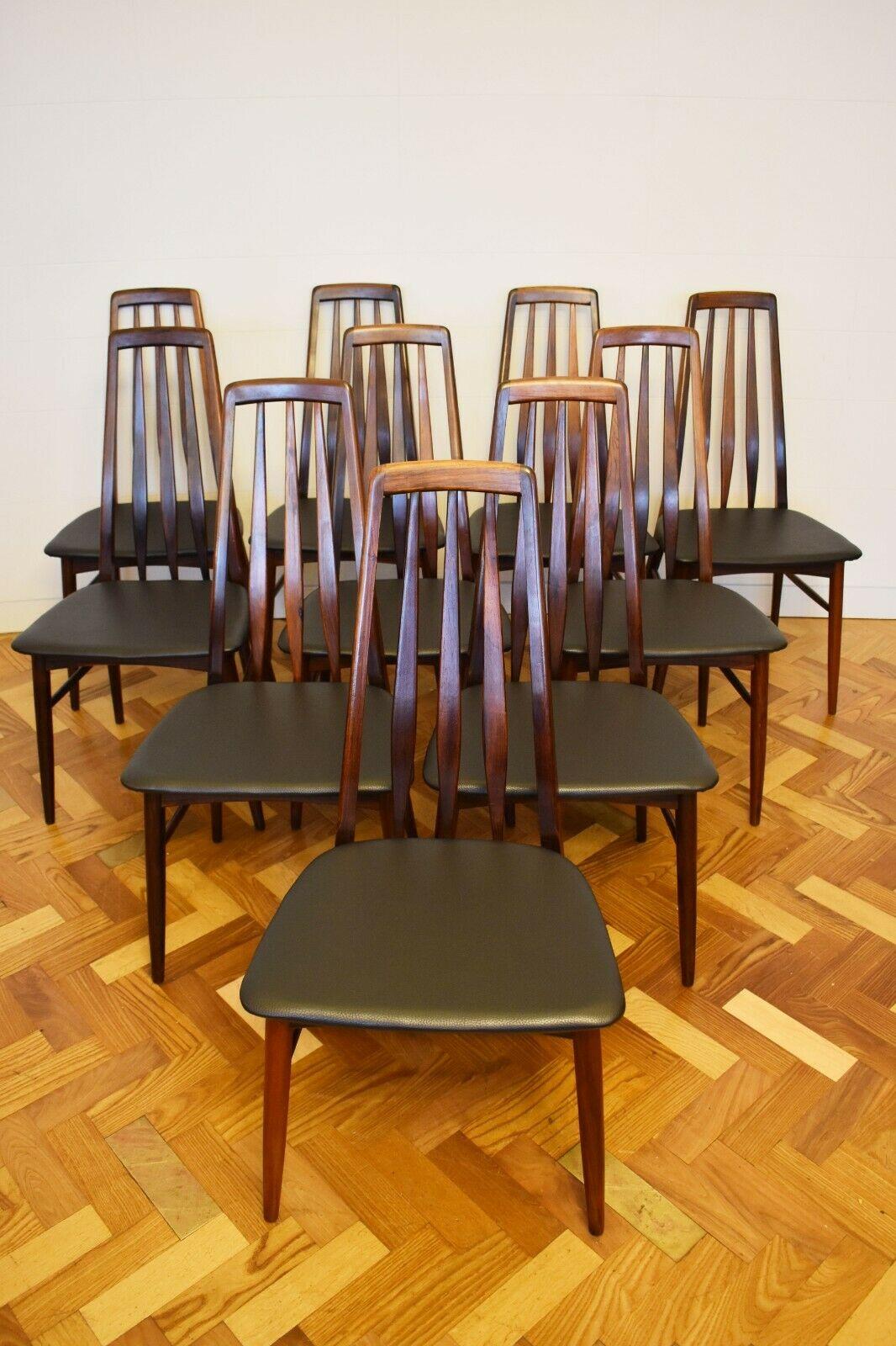 Set Of 10 Danish Rosewood Eva Chairs By Niels Koefoed For Koefoed Hornslet, 1960s 

Designed by Niels Koeford, these chairs feature a black leather seat, that sit within the rosewood frame. 

Boasting a beautiful grain and deep Rosewood colour,