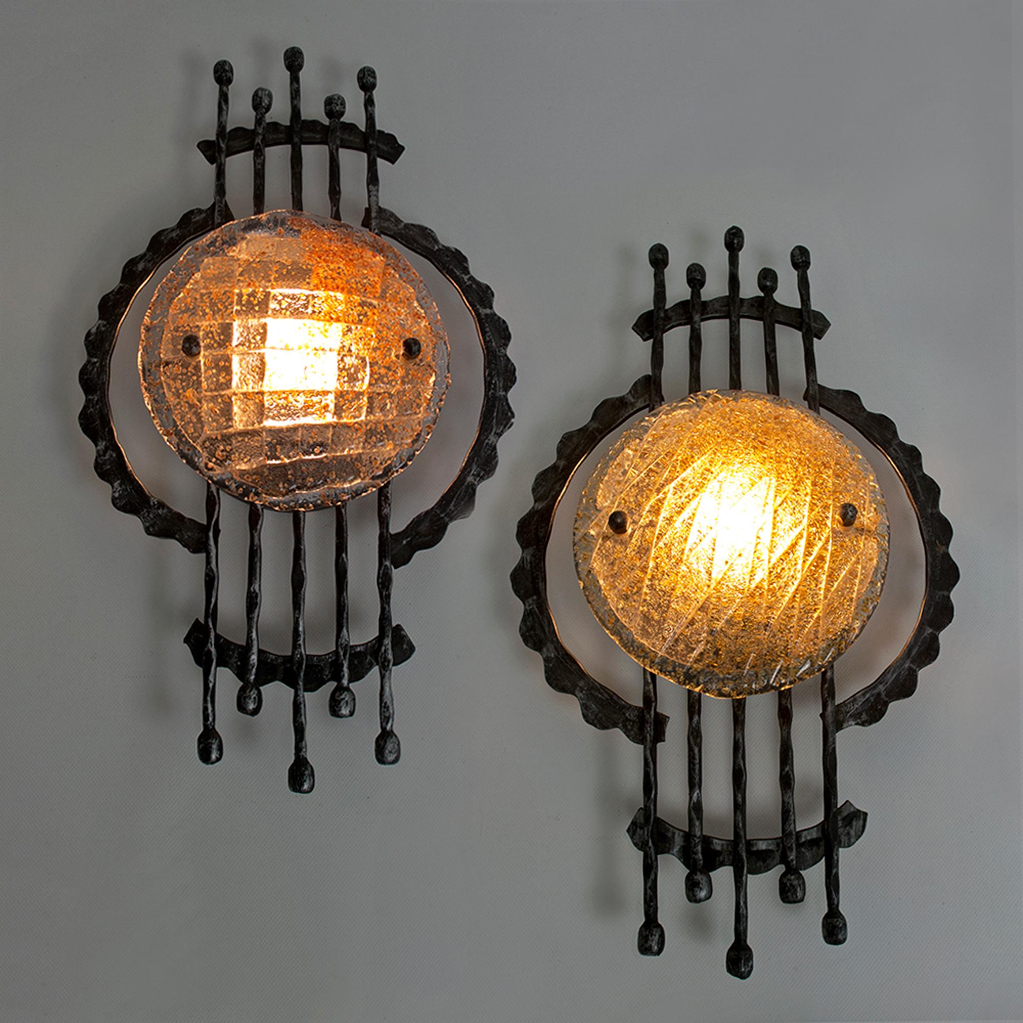 1960s Set of 2 Brutalist Iron Murano Glass Wall Sconces by Ahlström and Ehrich For Sale 1